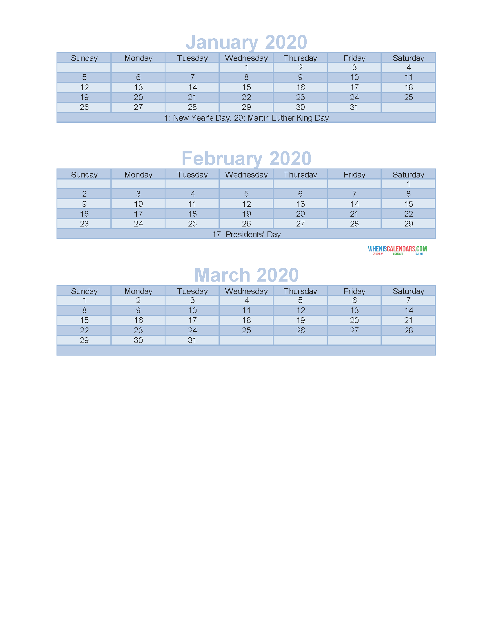 Free Printable 3 Month Calendar 2020 Jan Feb Mar