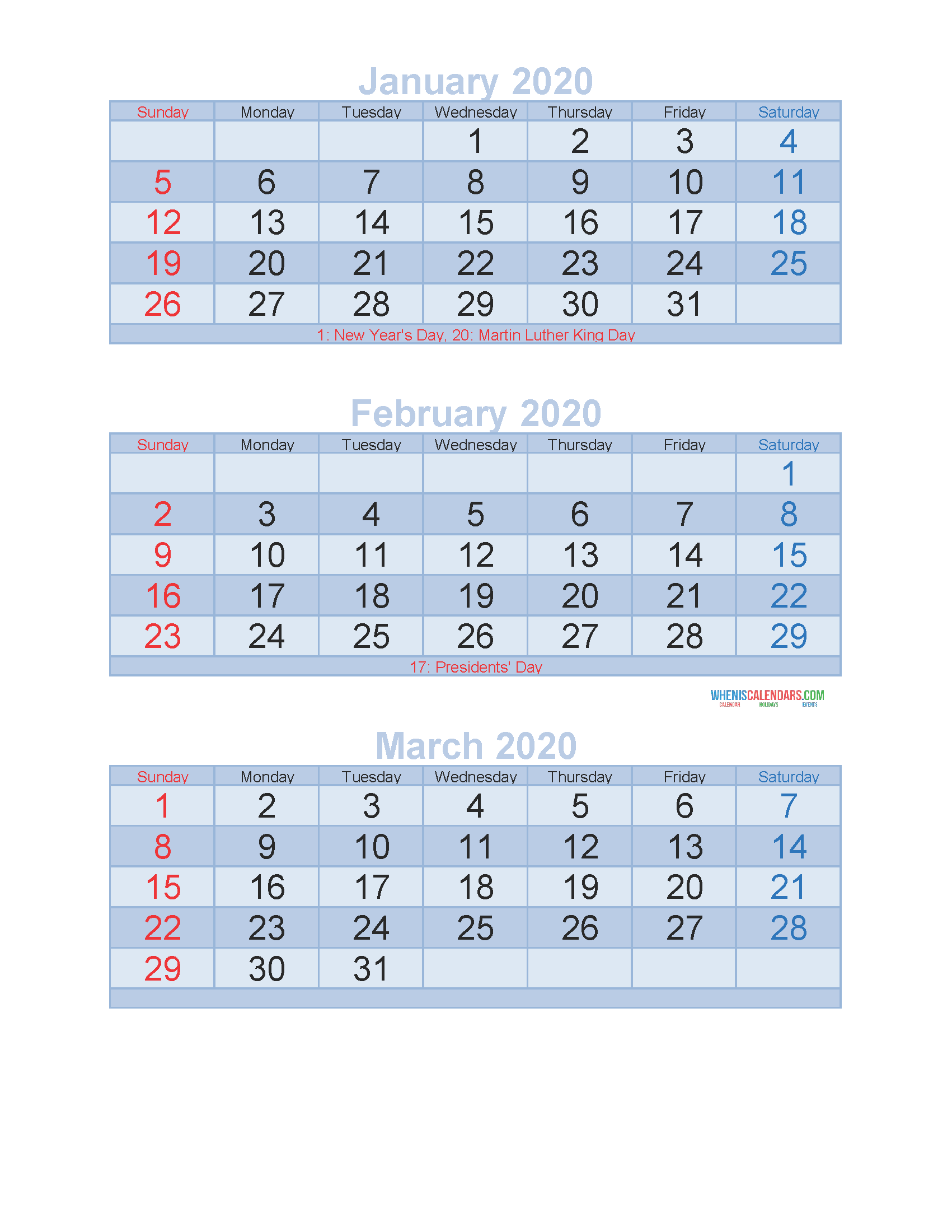 January February March 2020 Calendar 3 Months Per Page