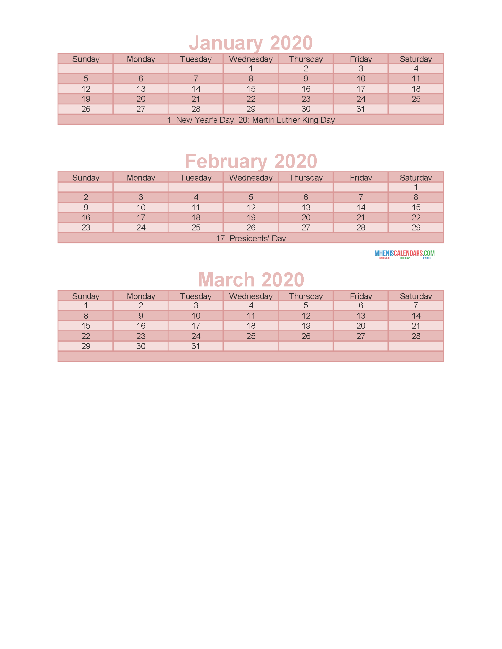 Jan Feb Mar 2020 Calendar 3 Months Per Page
