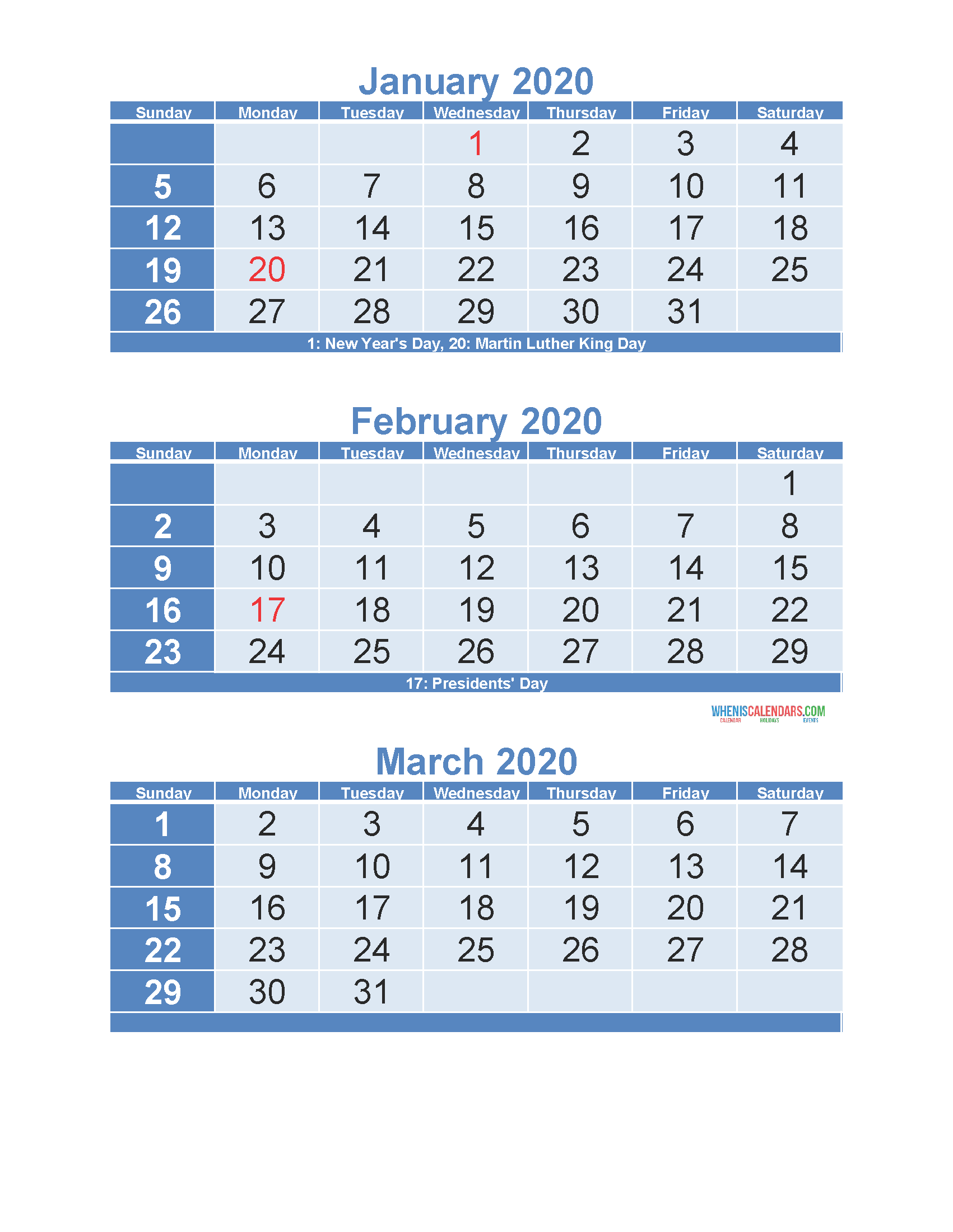 3 Month Calendar 2020 Printable January February March