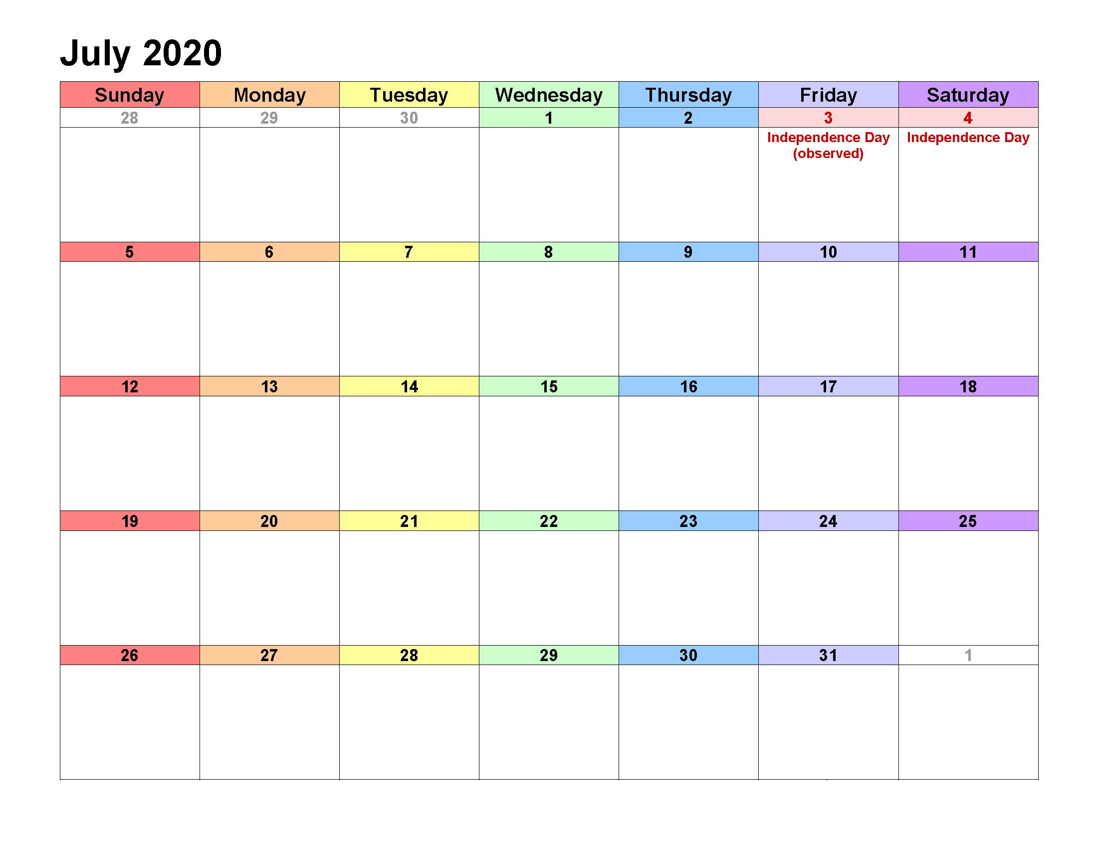 Printable Calendar Template July 2020 Calendar landscape