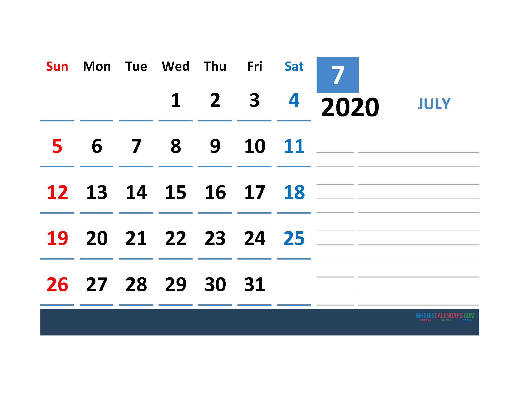 Printable Calendar Template July 2020 Calendar with space for notes
