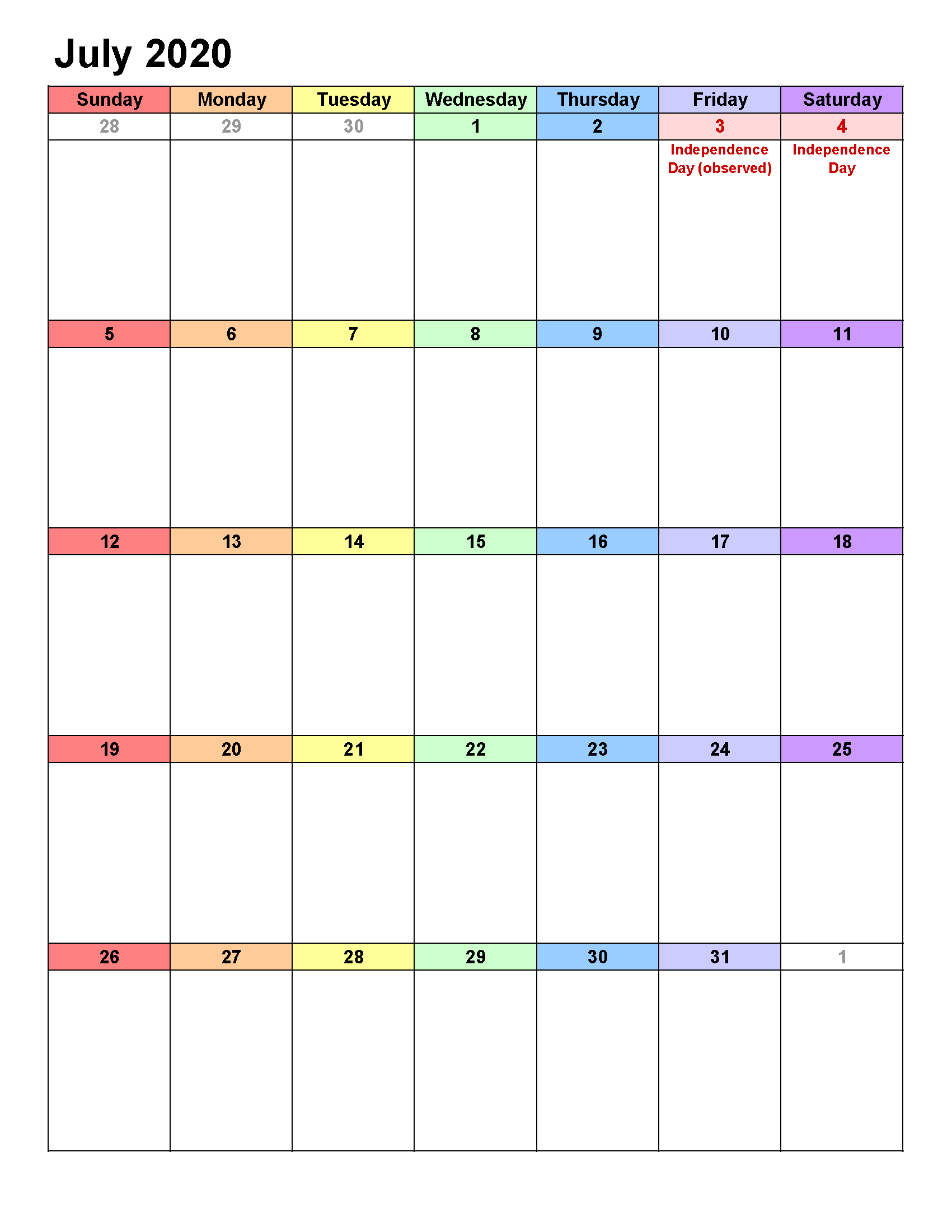 Printable Calendar Template July 2020 Calendar portrait