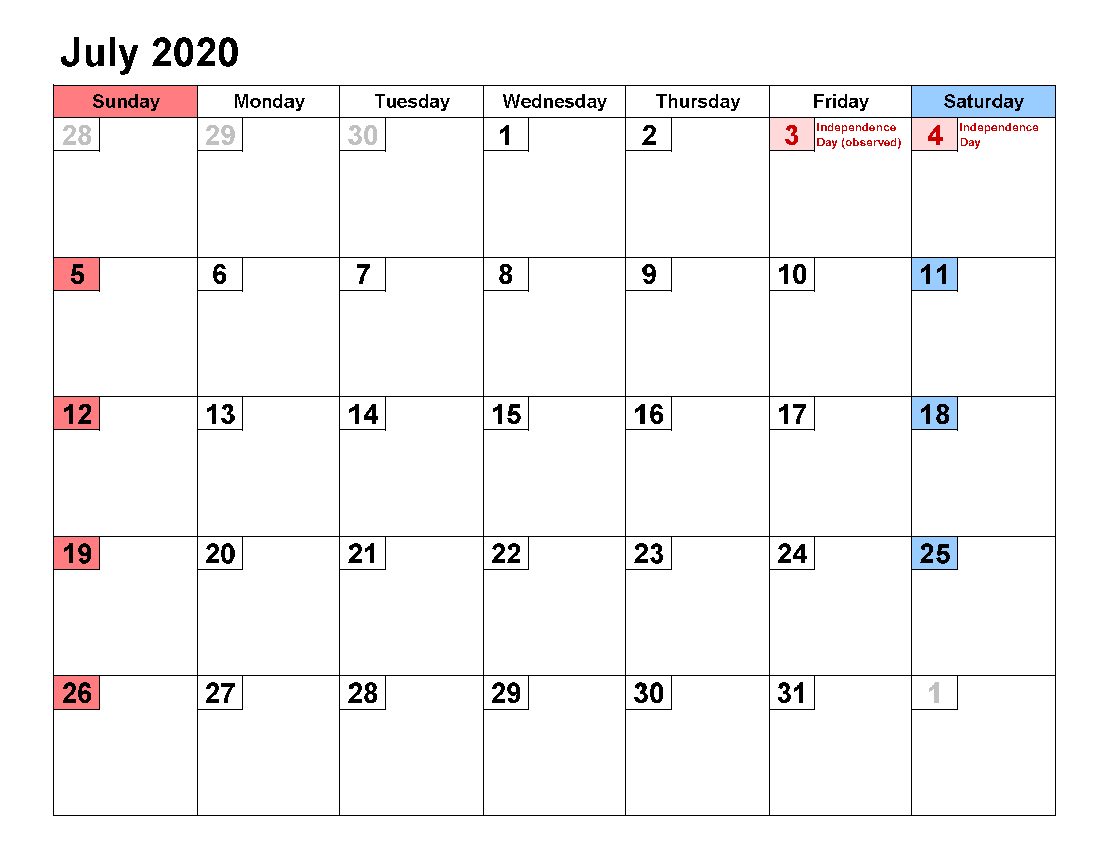 Printable Calendar Template July 2020 Calendar small numerals