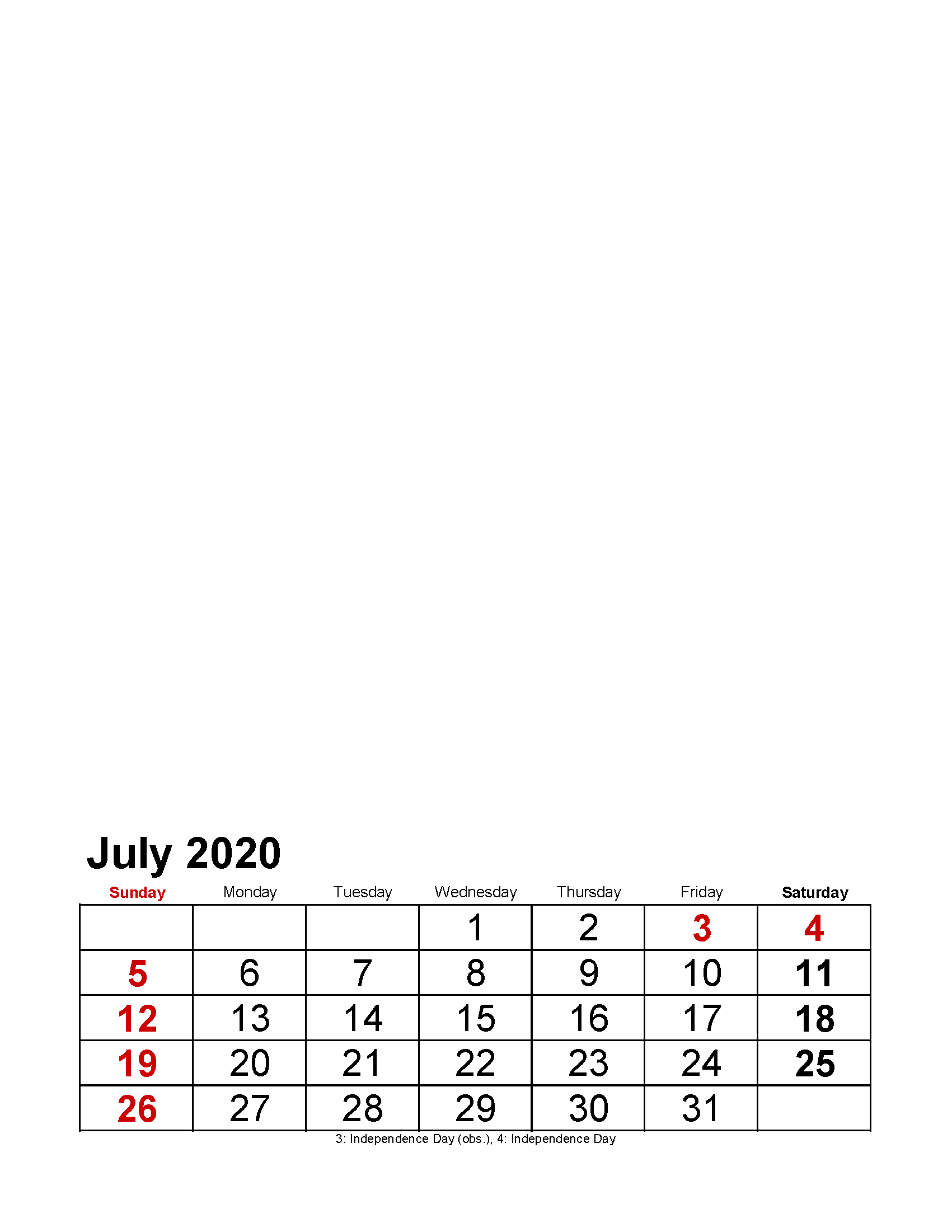 Printable July 2020 Photo Calendar with Holidays Large Numerals