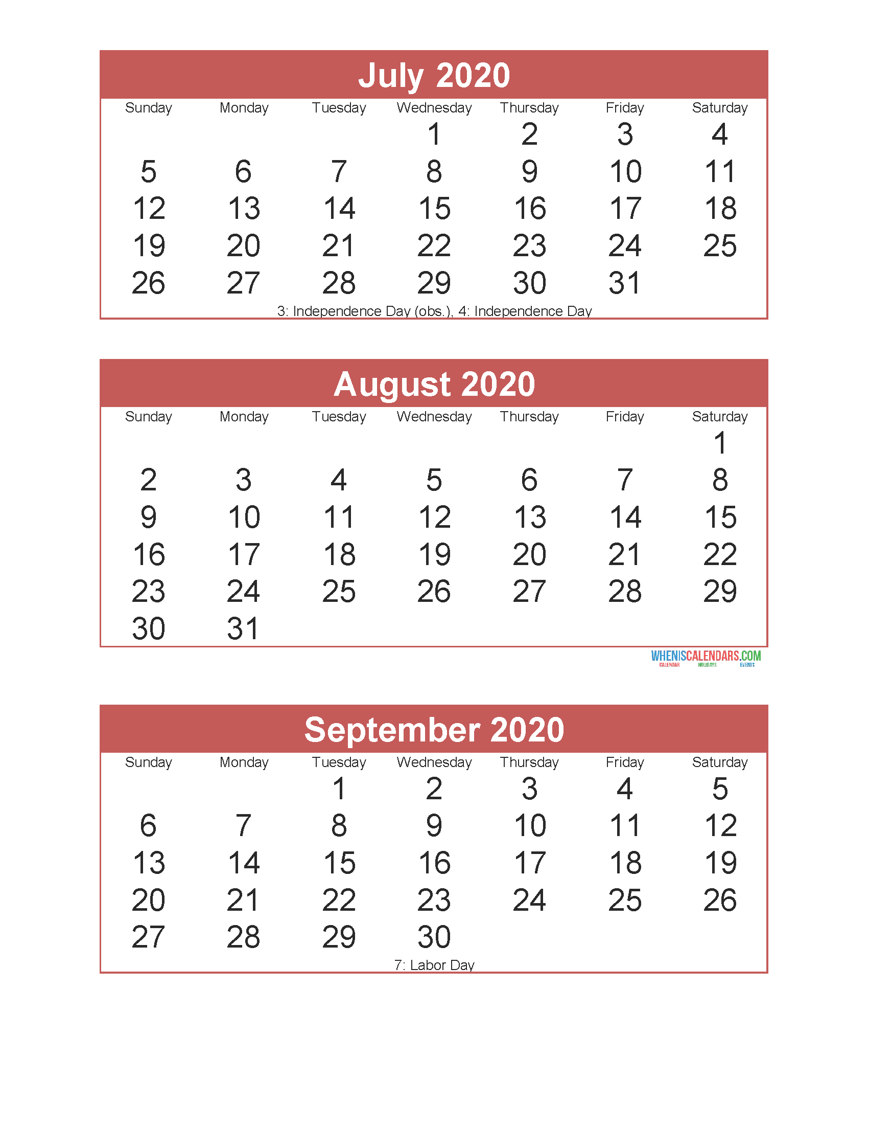 3 Month Calendar 2020 Printable July August September Printable