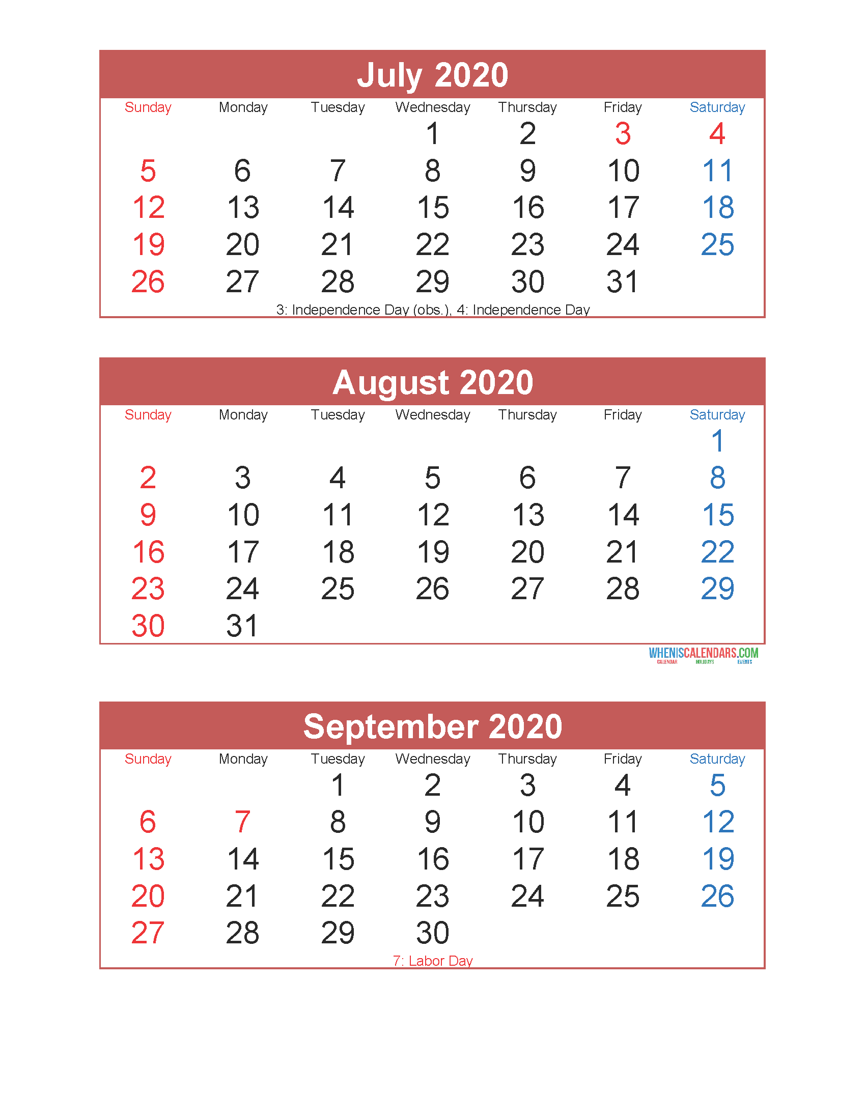 Free Printable 3 Month Calendar 2020 July August September
