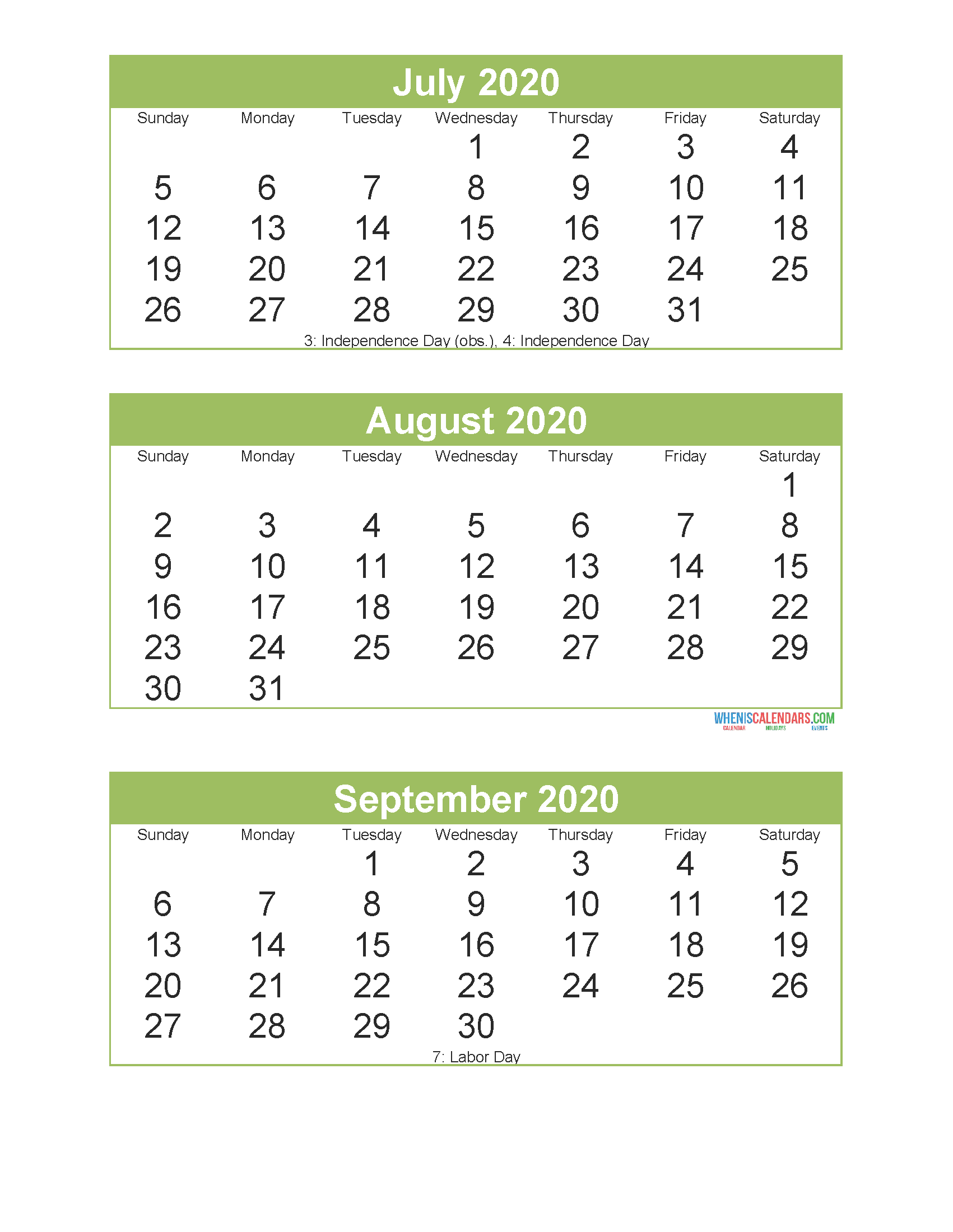 July August September 2020 Calendar 3 Months Per Page Printable
