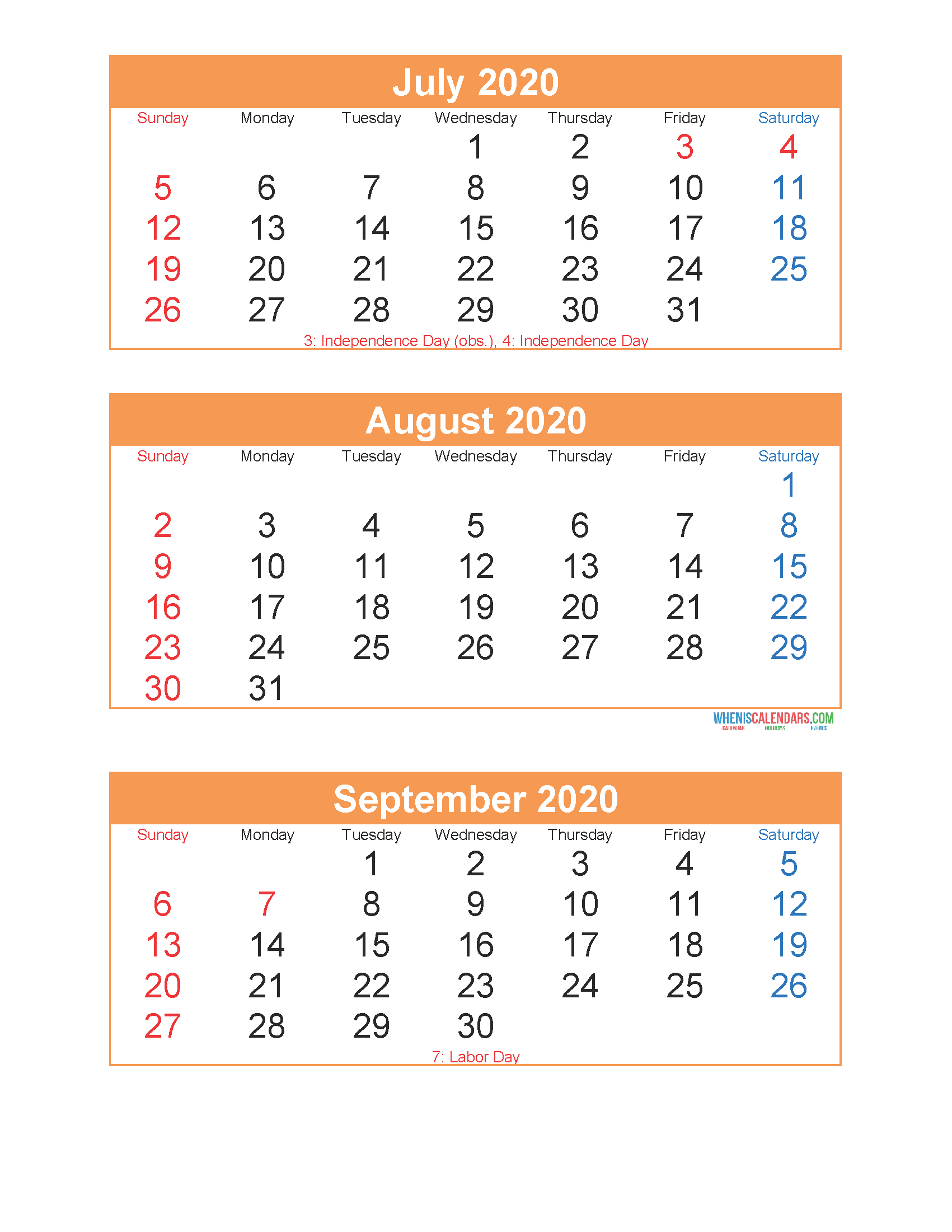 Printable Calendar July August September 2020 3 Months Per Page