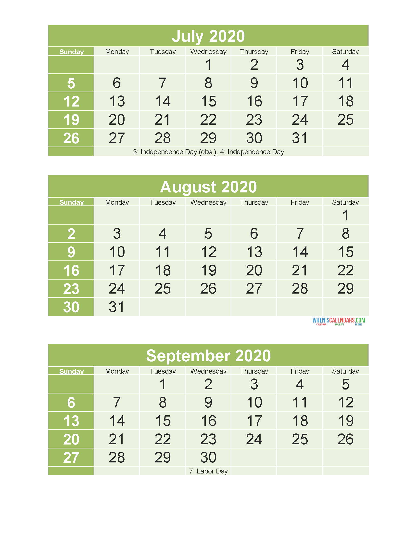 Printable Calendar July August September 2020 3 Months Per Page