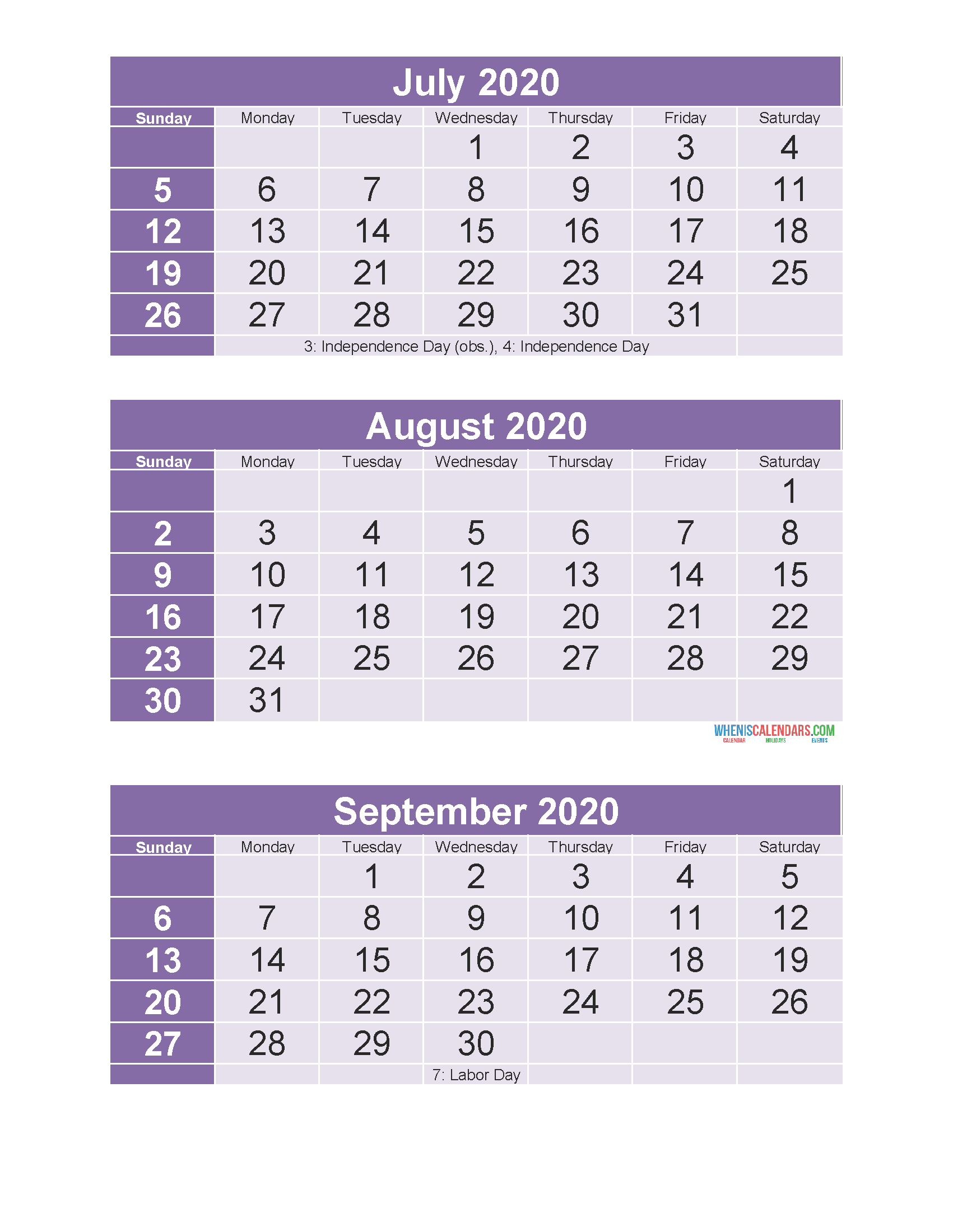 Free Printable 3 Month Calendar 2020 July August September