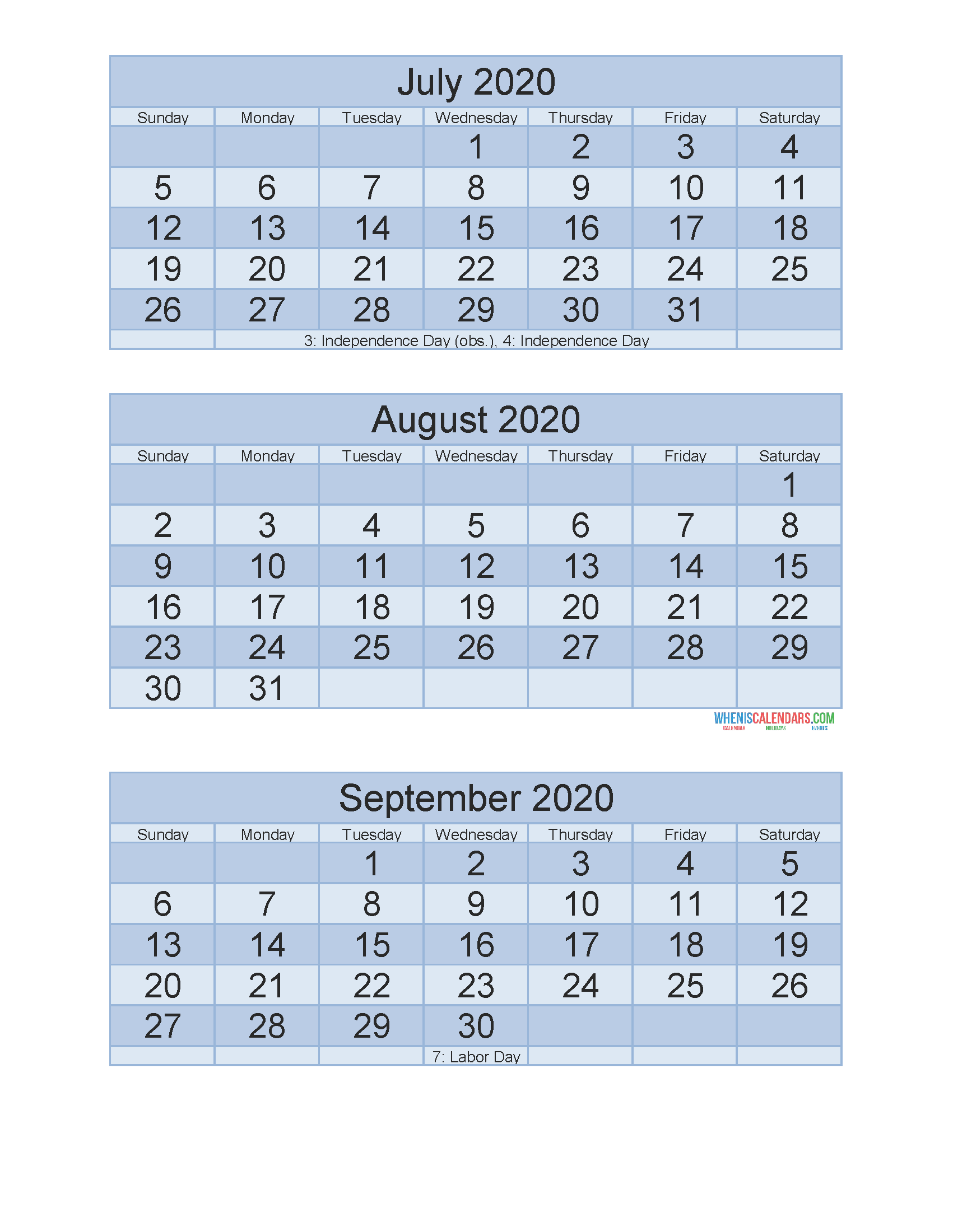 July August September 2020 Calendar 3 Months Per Page Printable