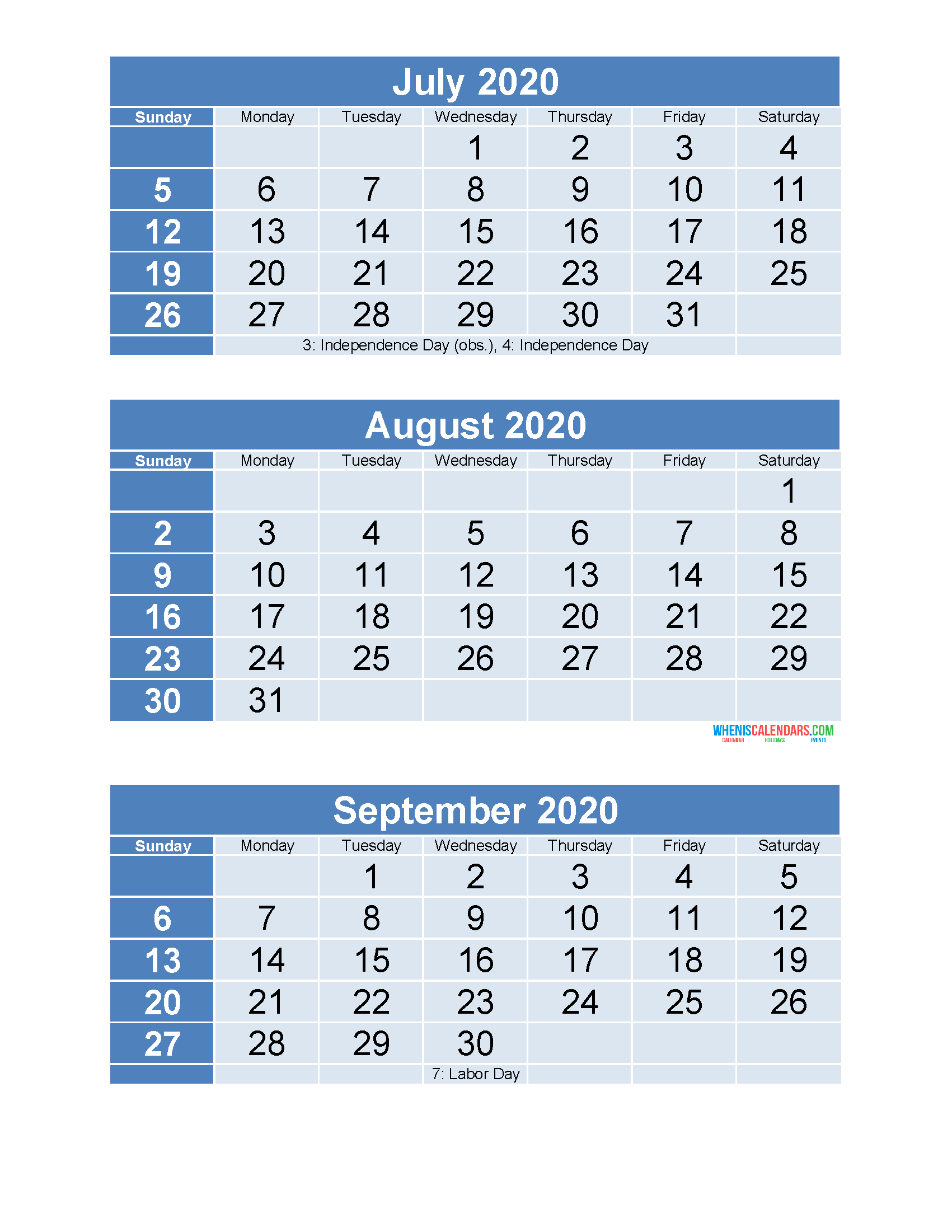 3 Month Calendar 2020 Printable July August September Printable