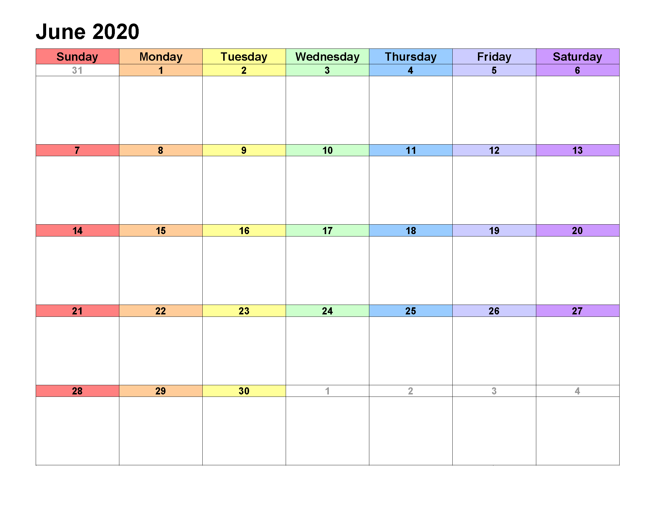 Printable Calendar Template June 2020 Calendar landscape