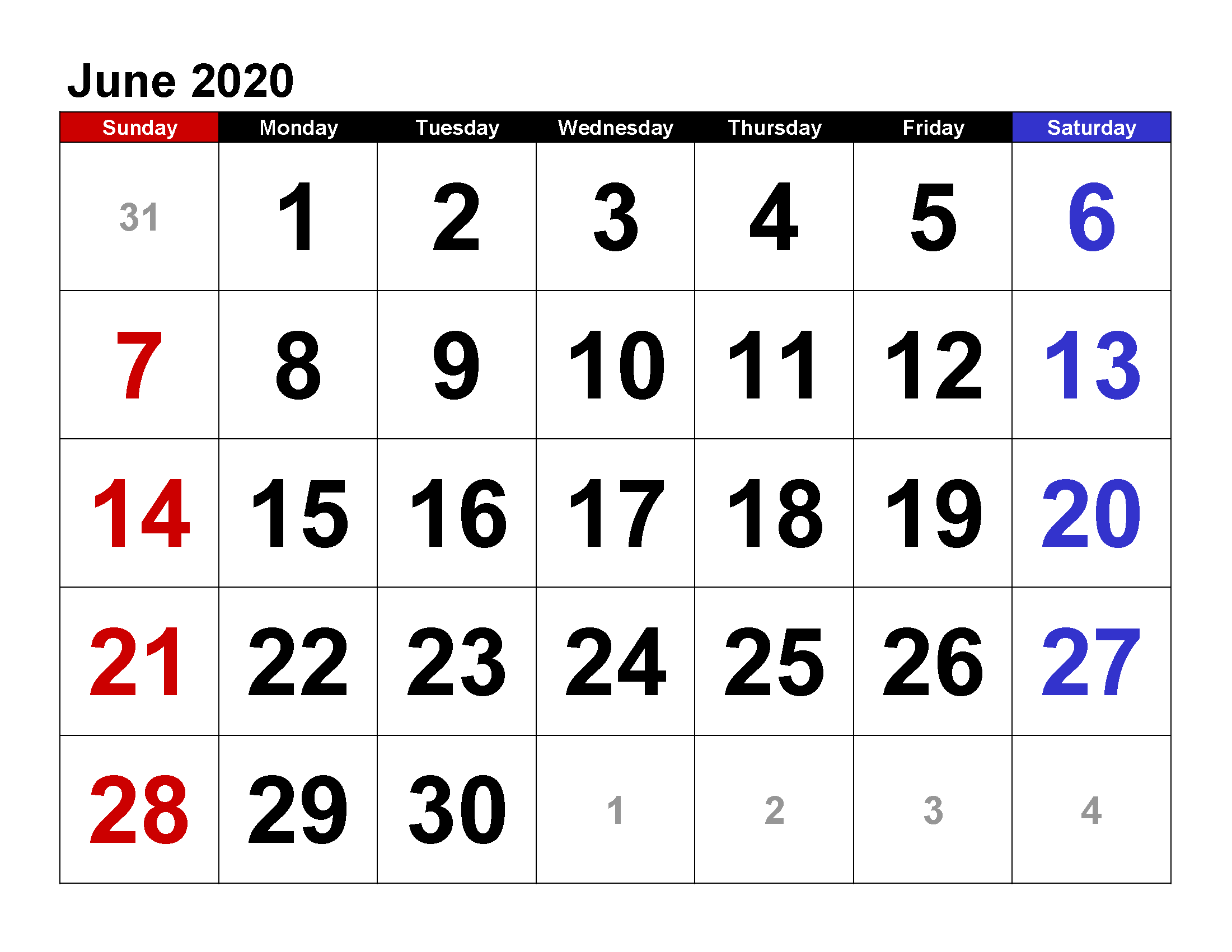 Printable Calendar Template June 2020 Calendar large numerals