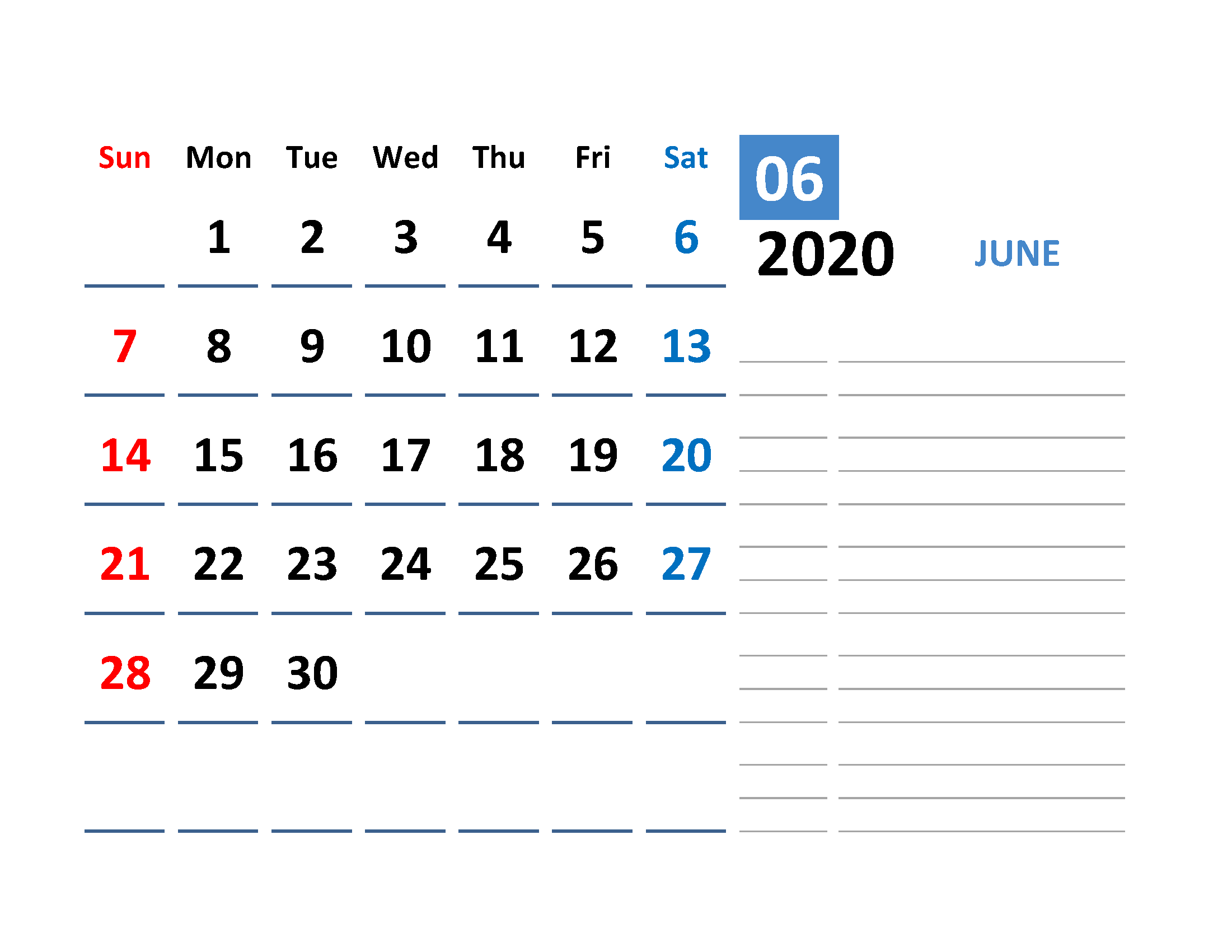 Printable Calendar Template June 2020 Calendar with space for notes