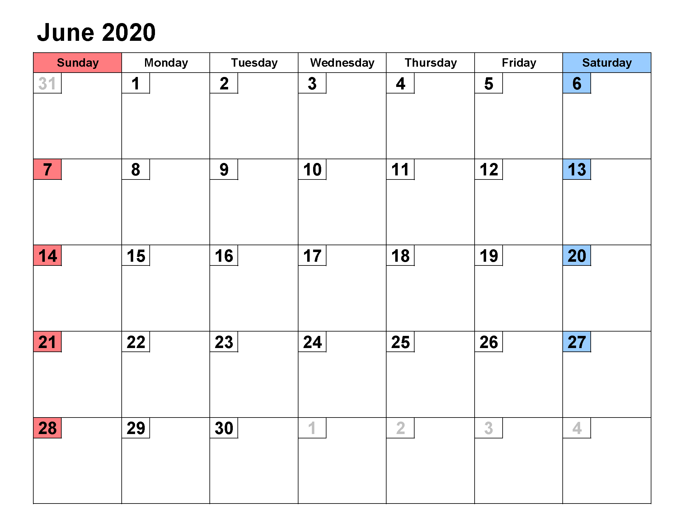 Printable Calendar Template June 2020 Calendar small numerals