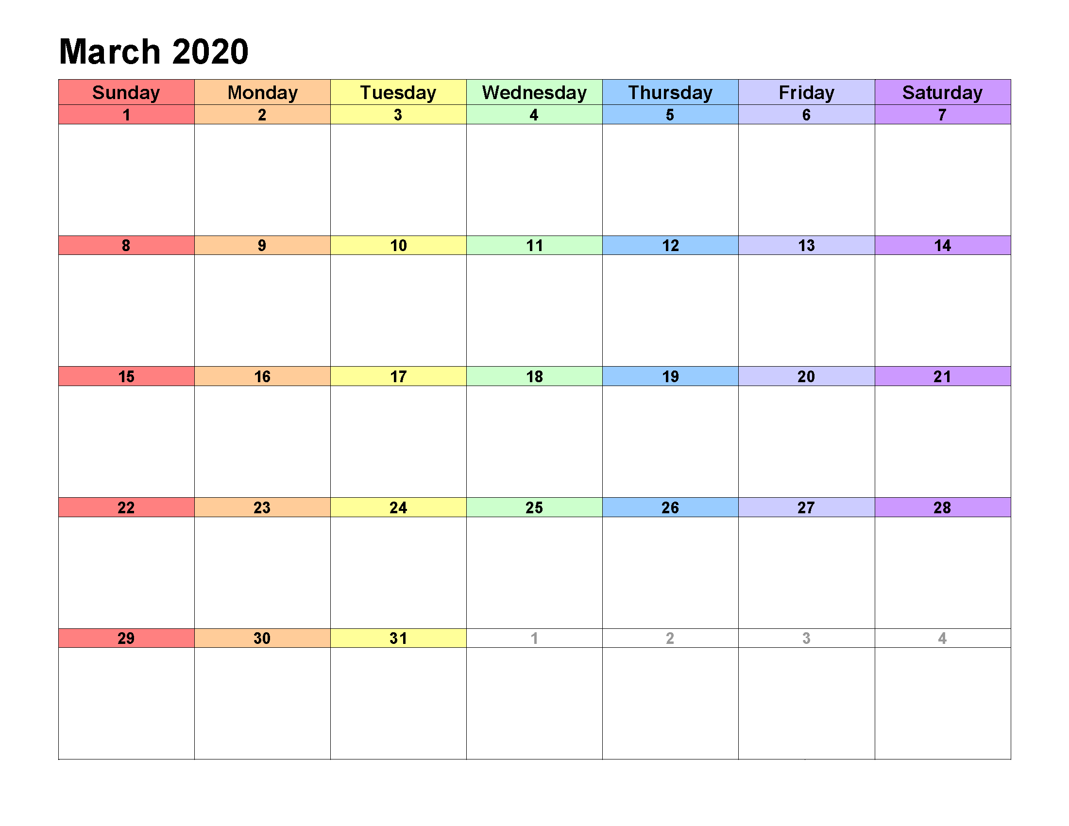 Printable Calendar Template March 2020 Calendar landscape