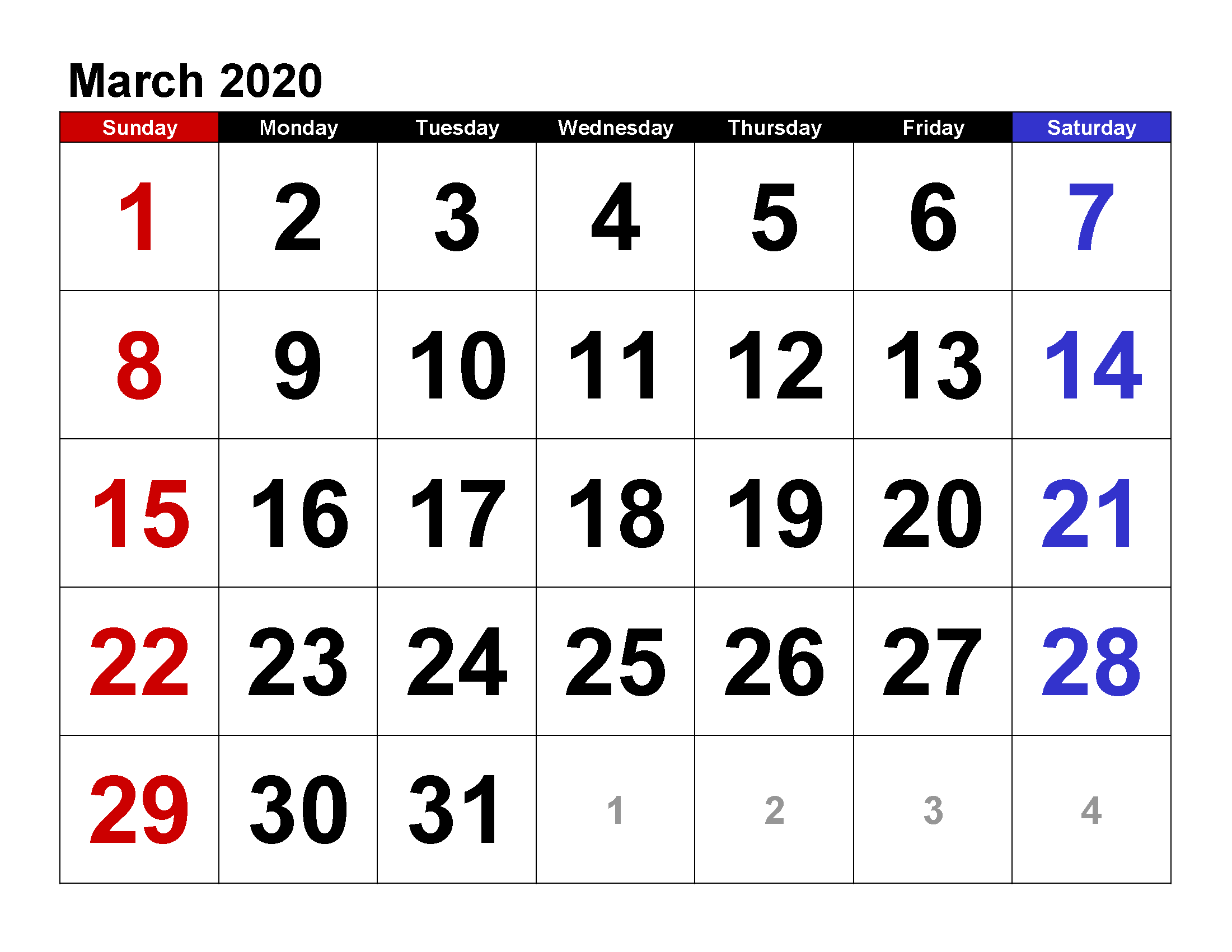 Printable Calendar Template March 2020 Calendar large numerals
