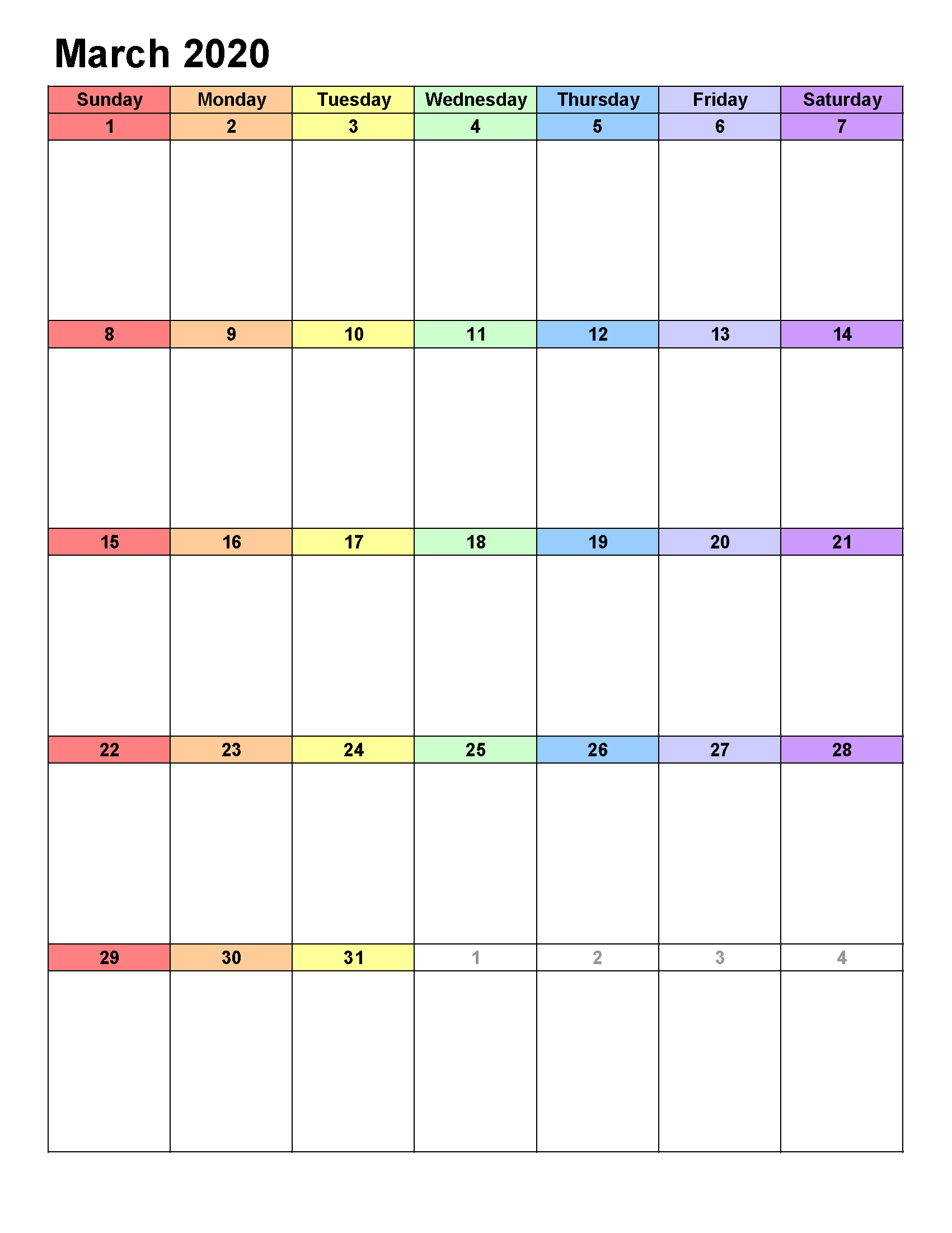 Printable Calendar Template March 2020 Calendar portrait