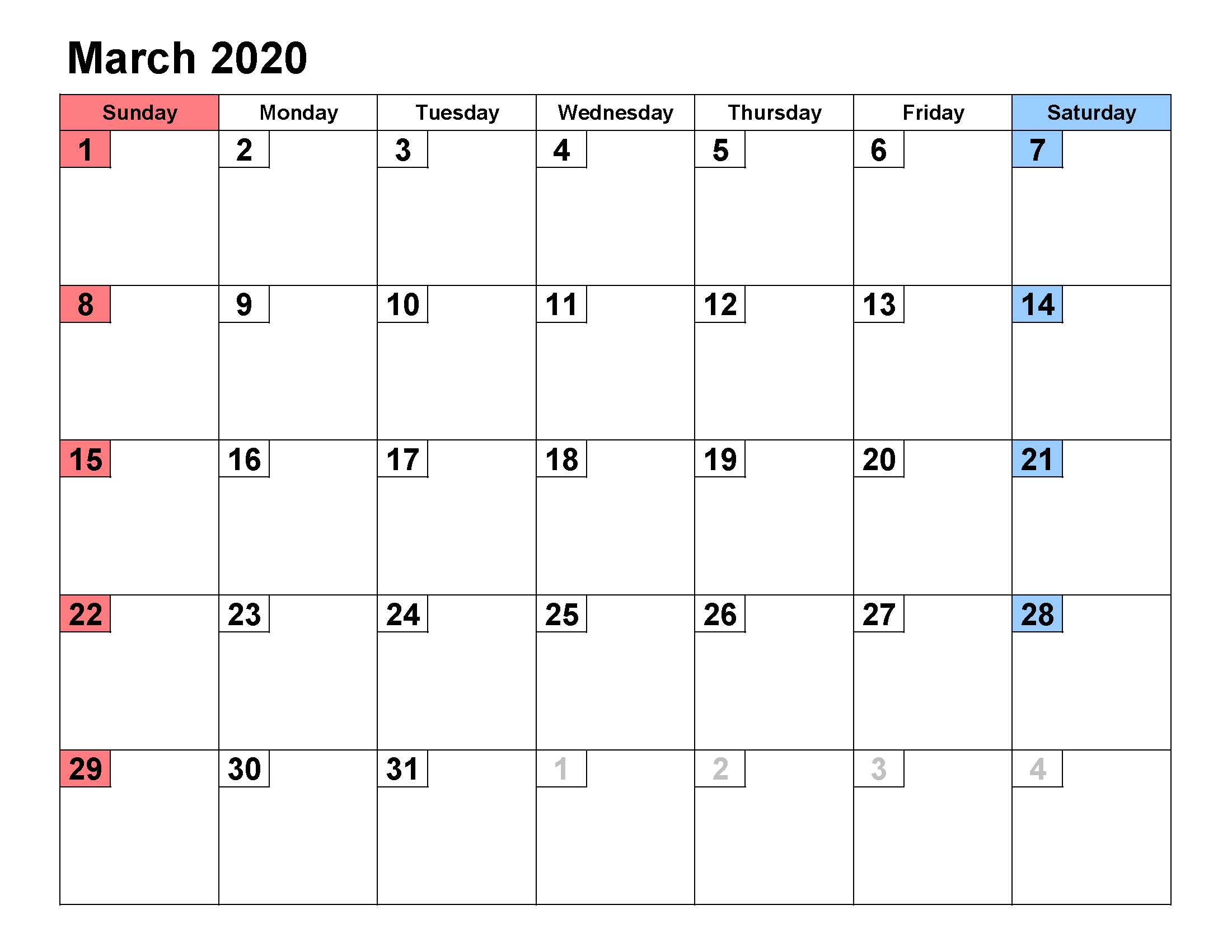 Printable Calendar Template March 2020 Calendar small numerals