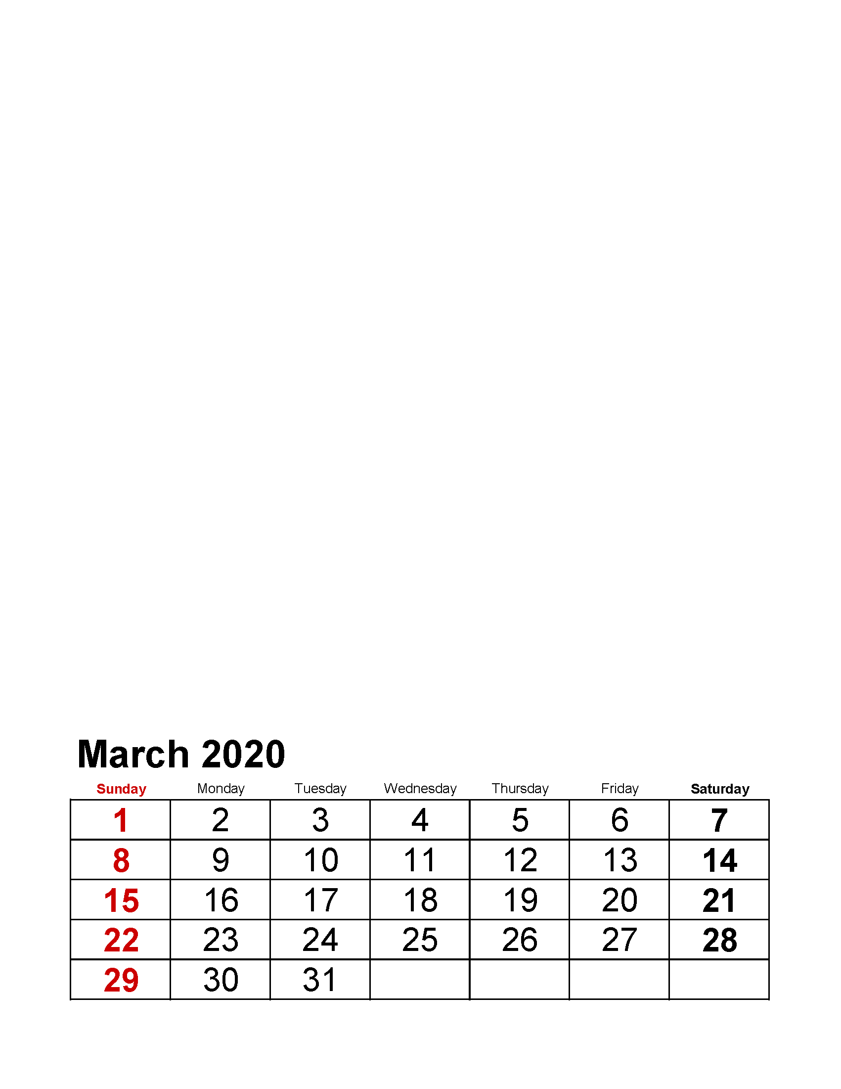 Printable March 2020 Photo Calendar with Holidays Large Numerals