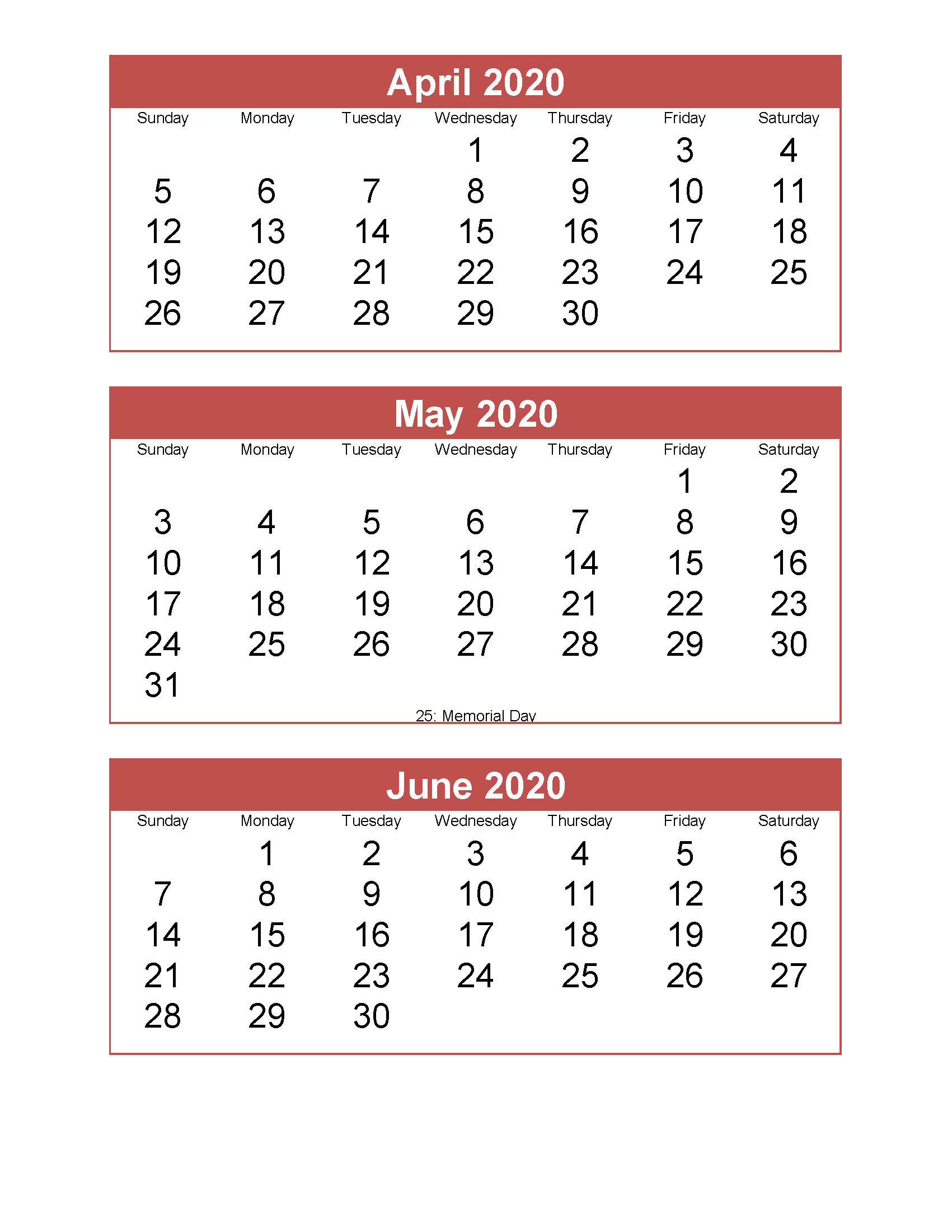 March April May June 2020 Calendar with Holidays for Free