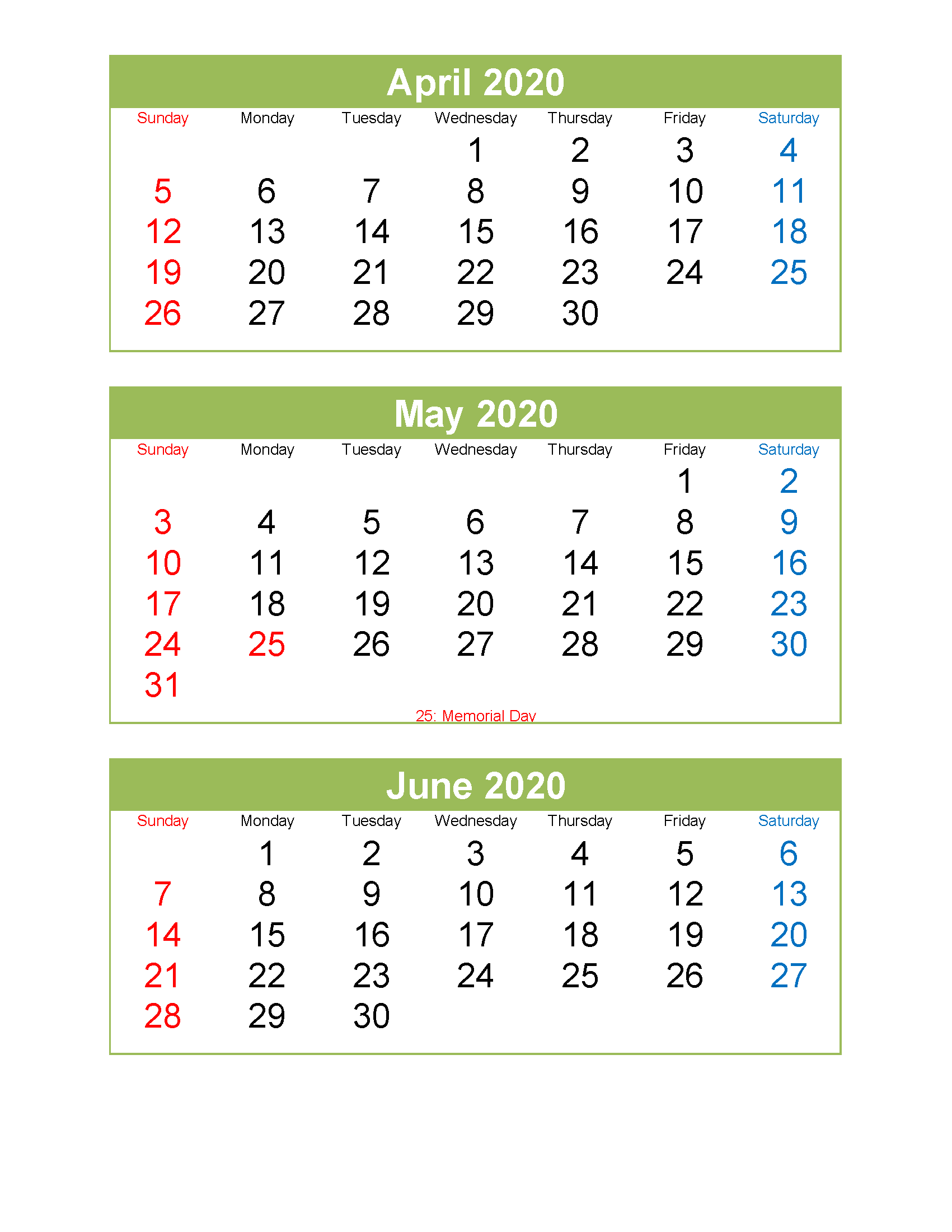 Printable Calendar 2020 March April May June Excel, PDF, Image