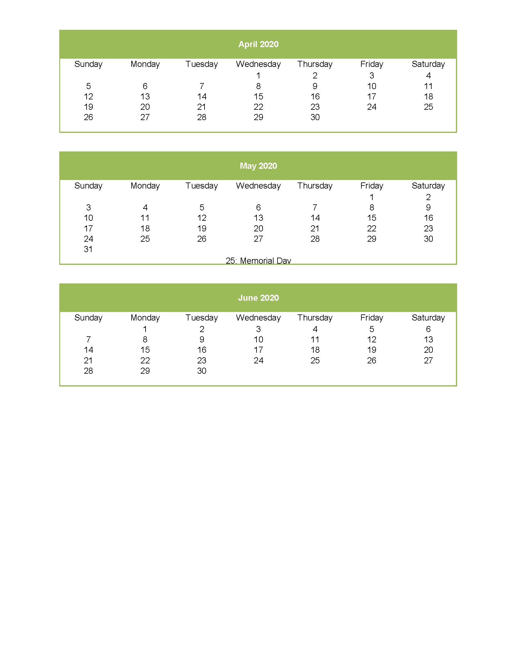 Calendar 2020 March April May June as Excel, PDF, Image