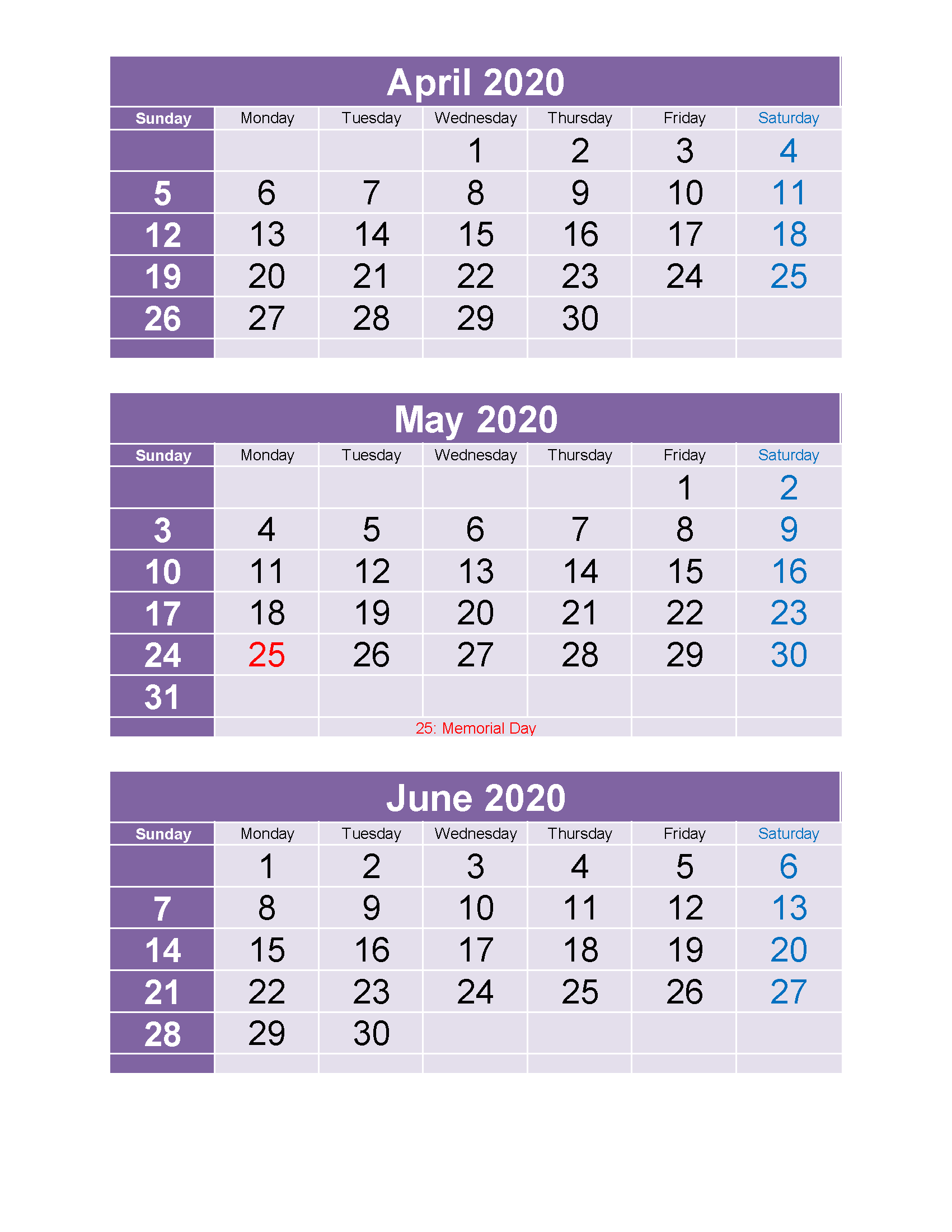 Printable Calendar 2020 March April May June Excel, PDF, Image