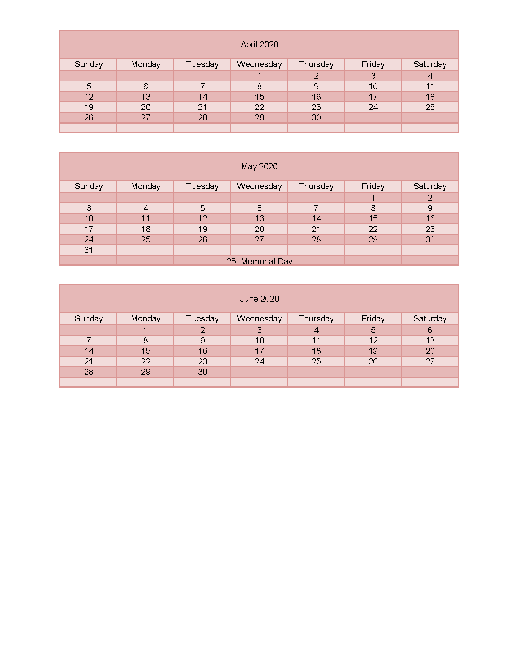 March April May June 2020 Calendar Printable Calendar Template