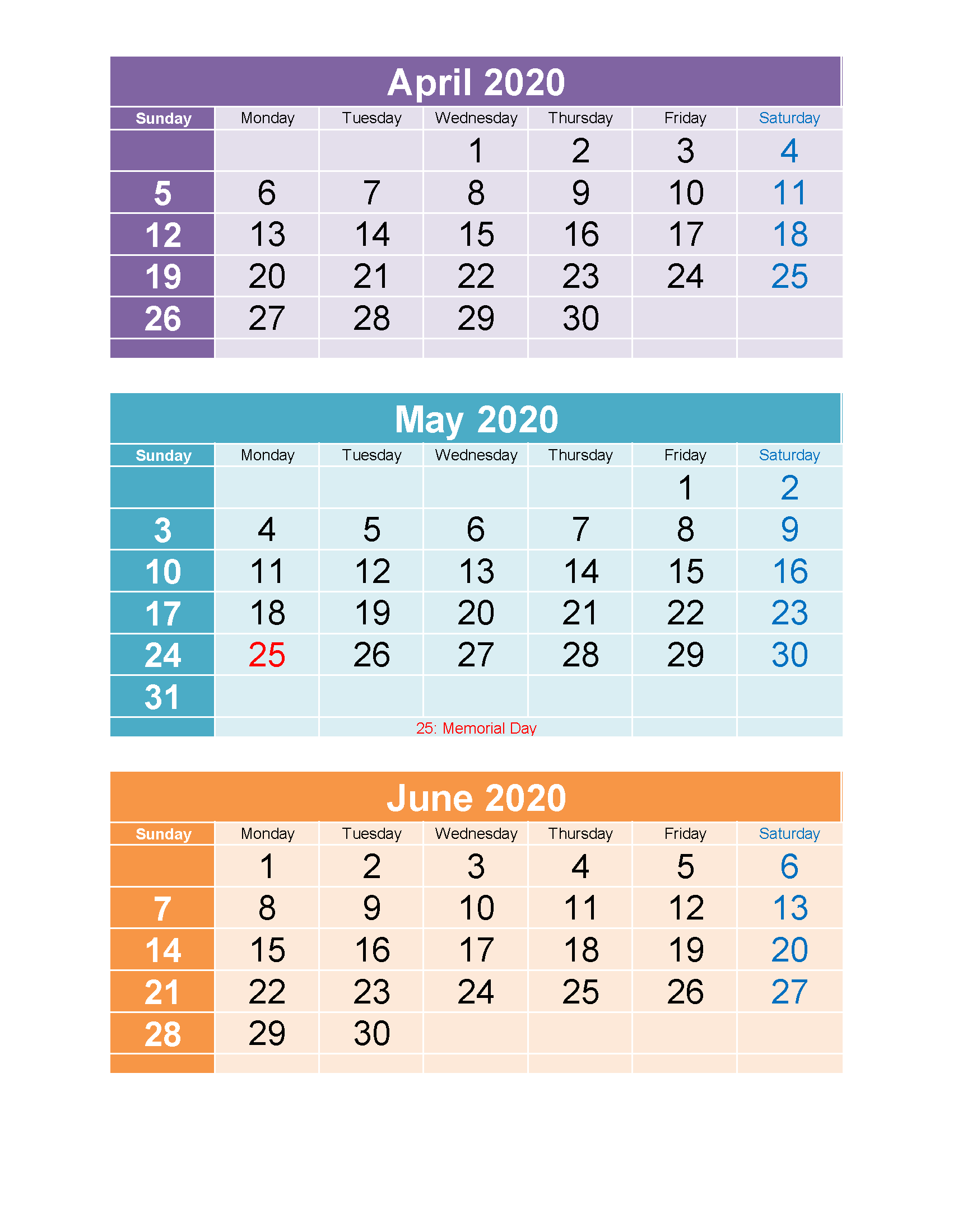 March April May June 2020 Calendar Printable Free Download