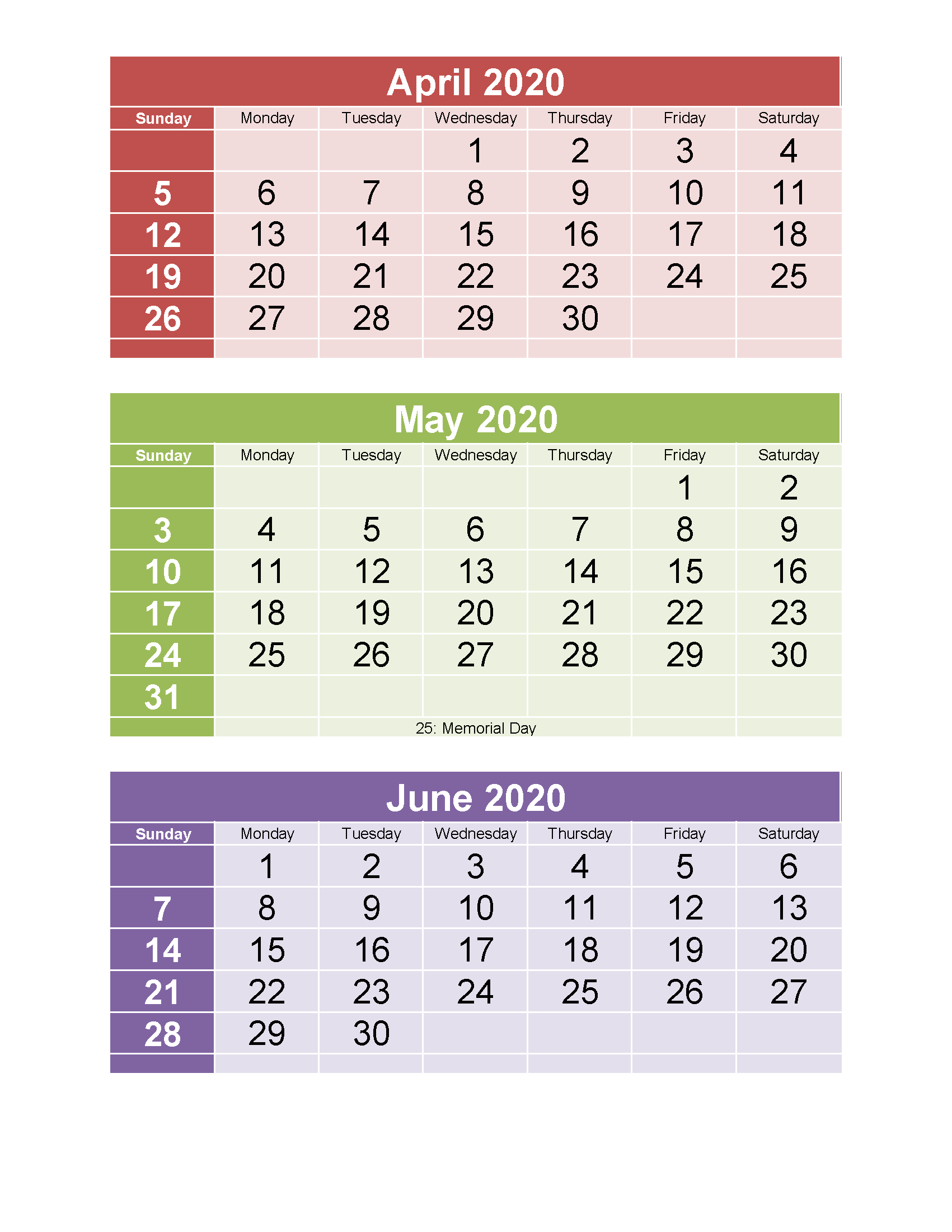 Free Calendar 2020 March April May June Printable