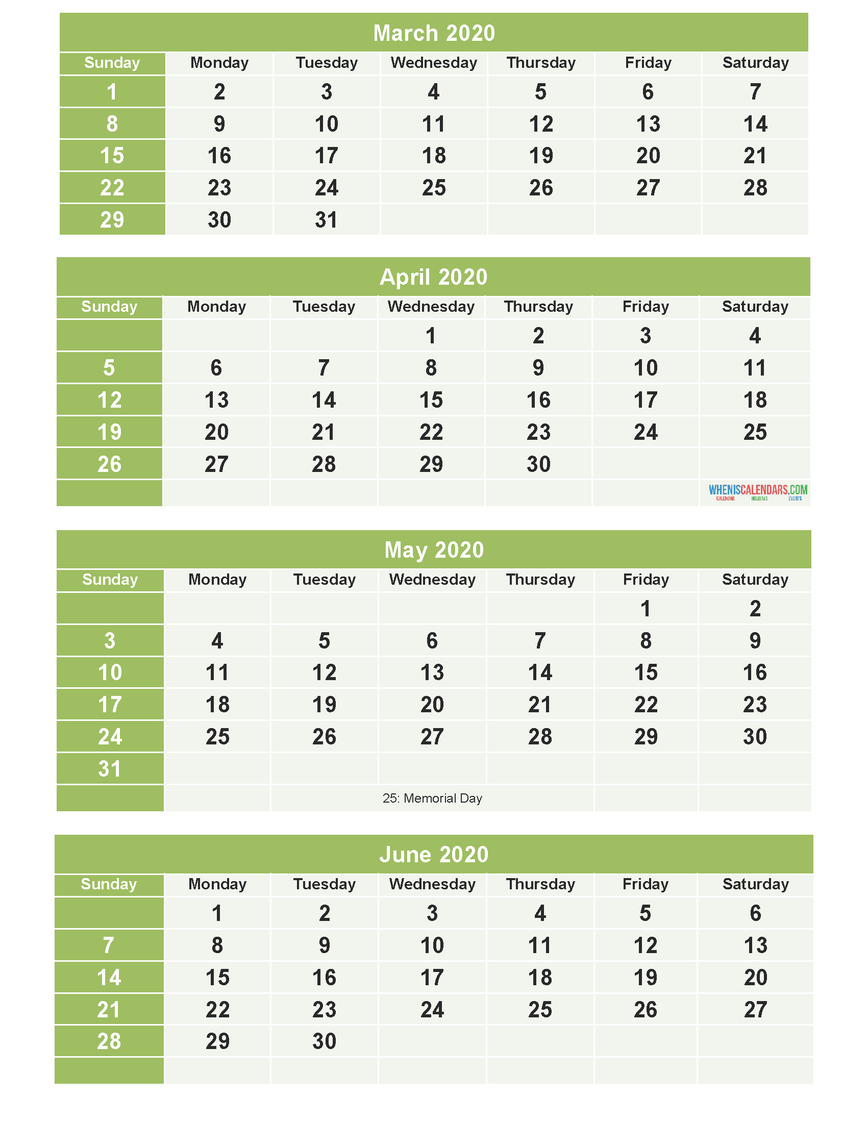 March April May June 2020 Calendar with Holidays for Free