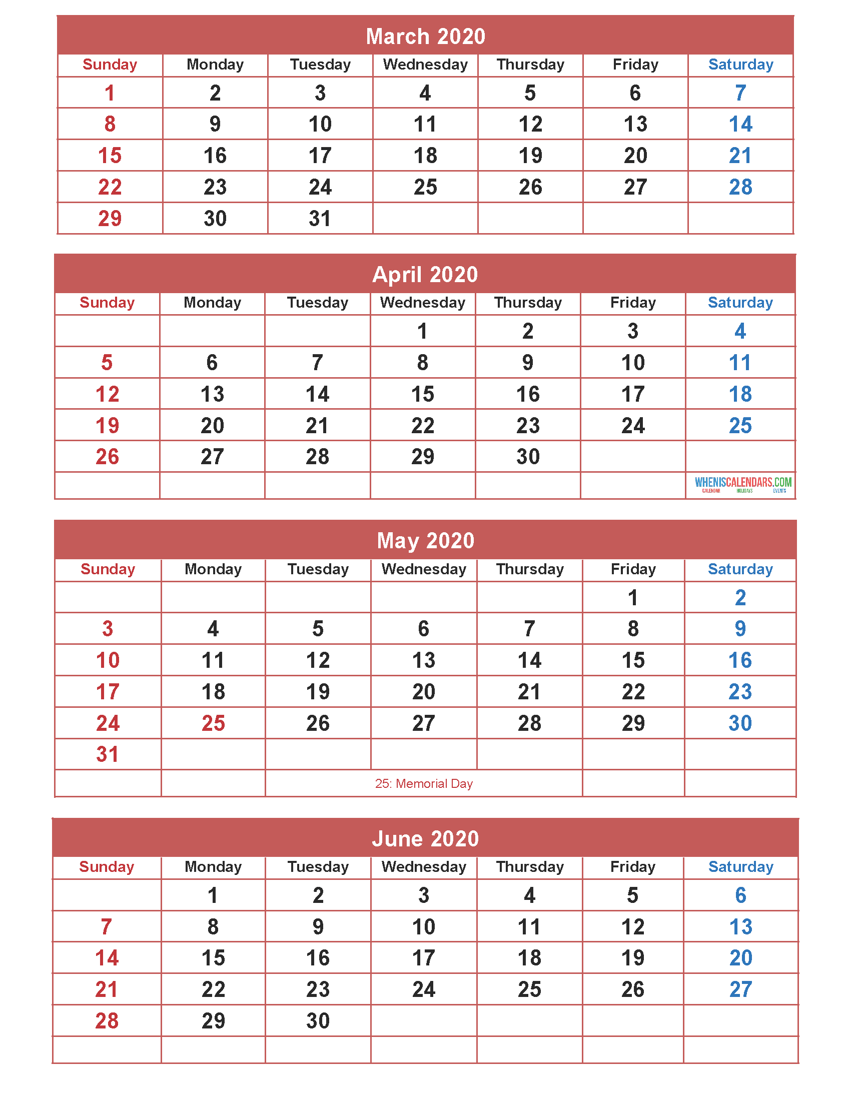 Free Calendar 2020 March April May June 4 Months Calendar