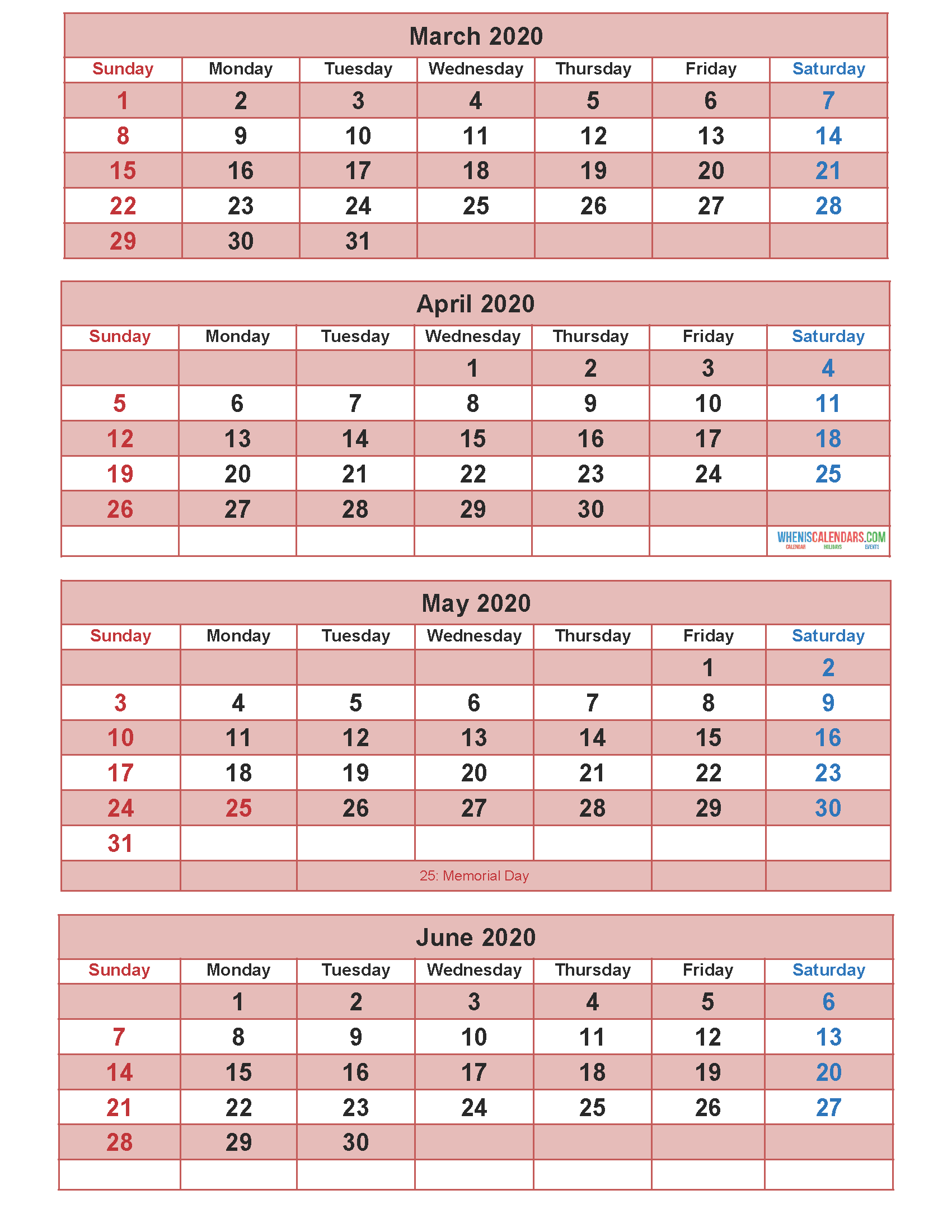 Calendar 2020 March April May June as Word, PDF, Image