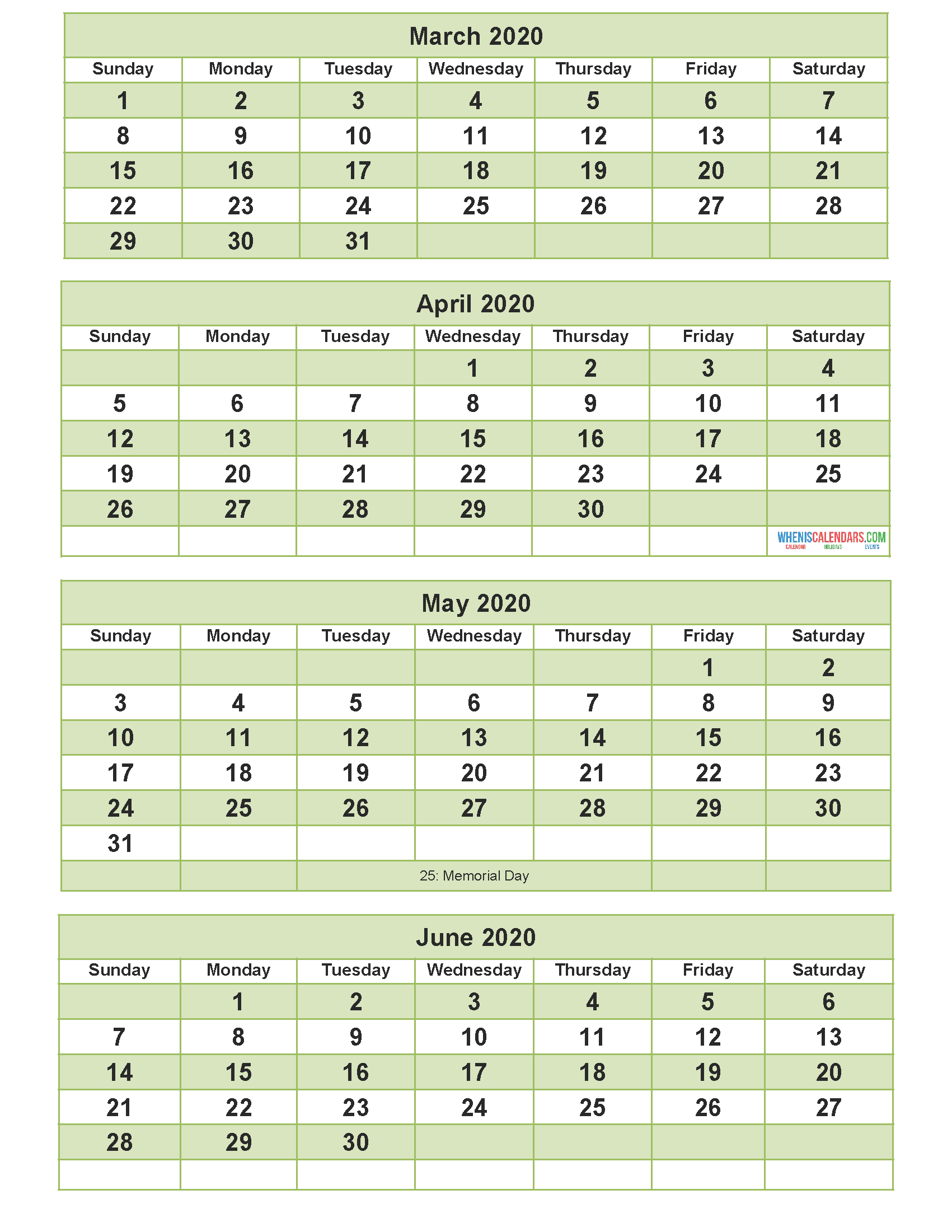 Printable Calendar 2020 March April May June Word, PDF, Image