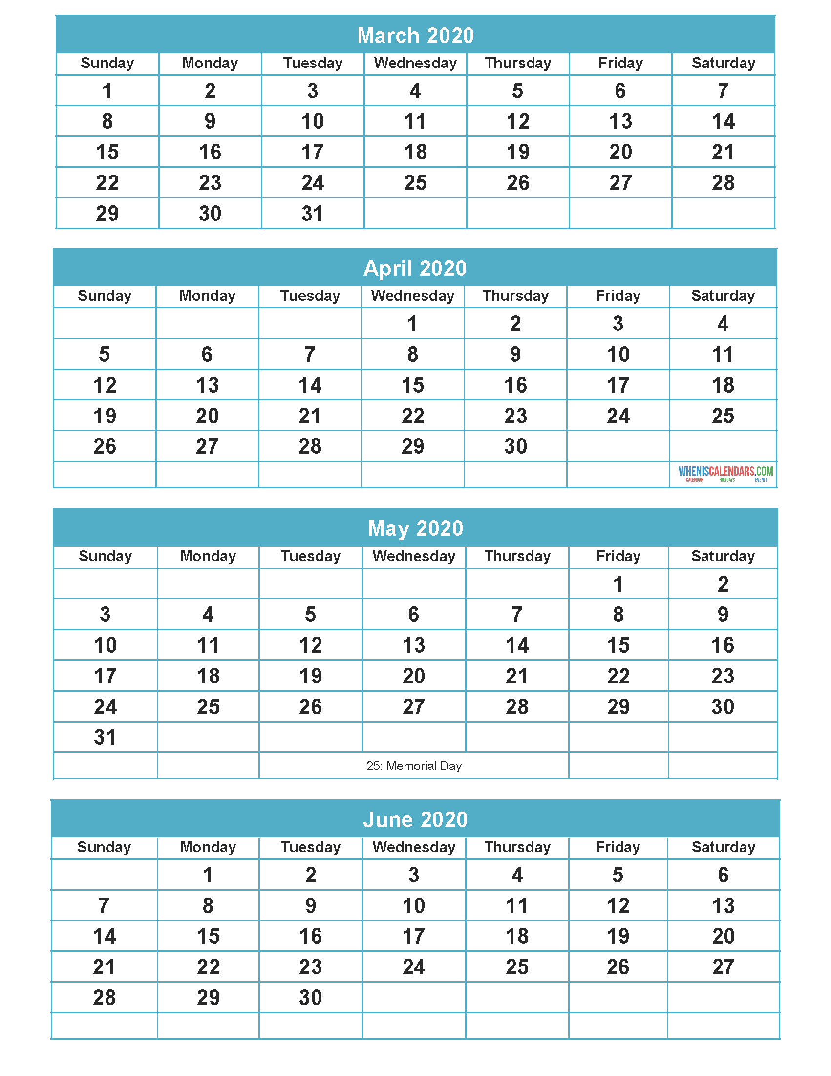 Calendar 2020 March April May June as Word, PDF, Image