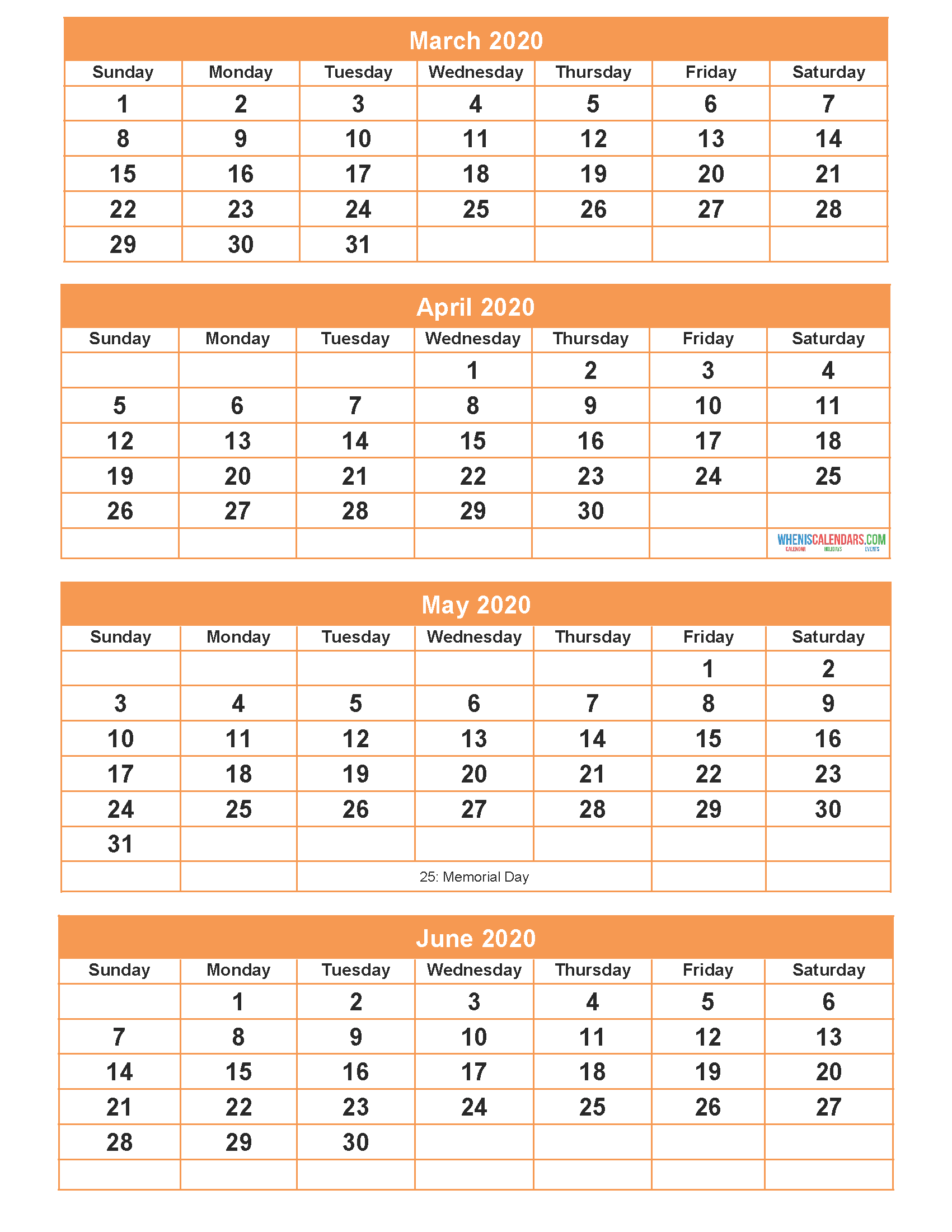 Printable Calendar 2020 March April May June Word, PDF, Image
