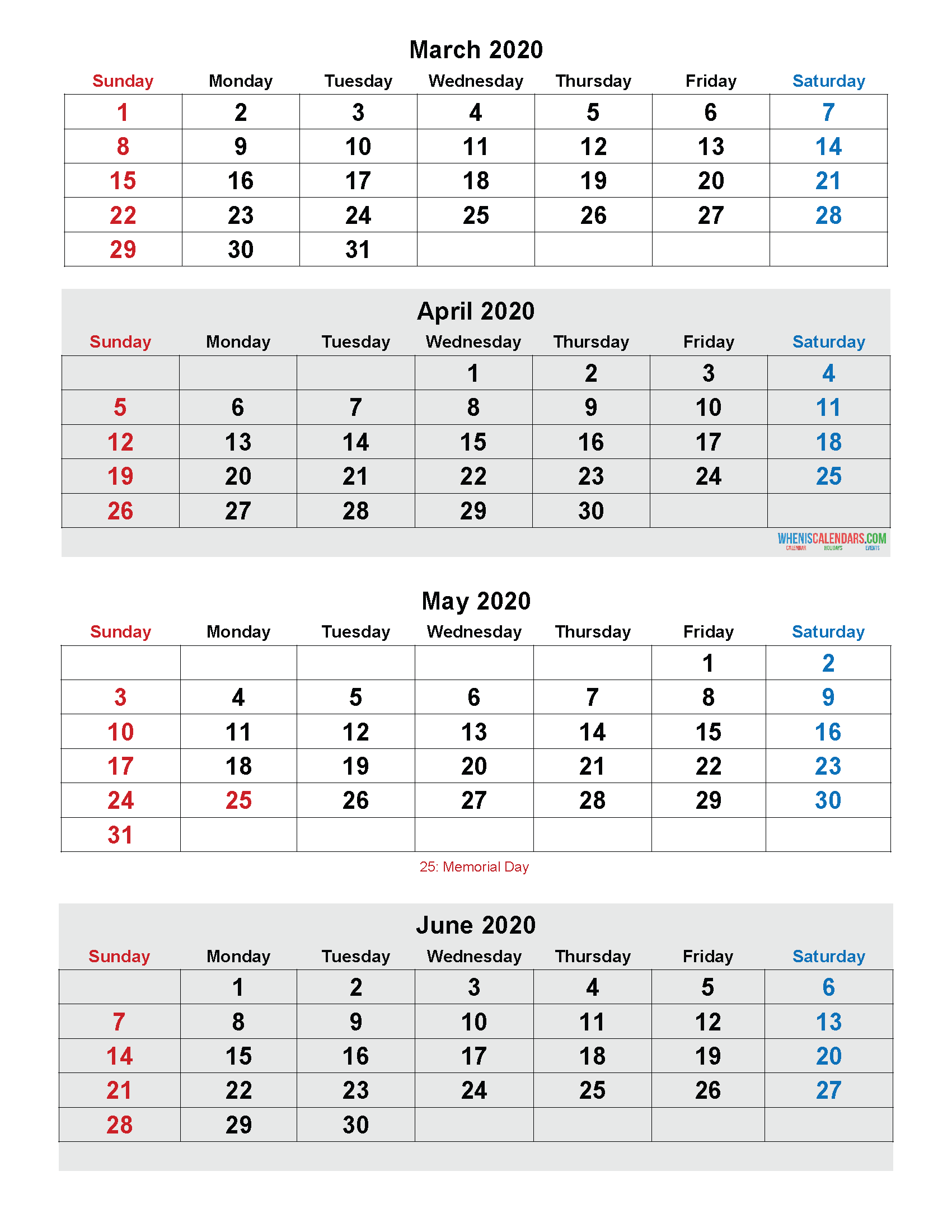 March April May June 2020 Calendar Printable Free Download
