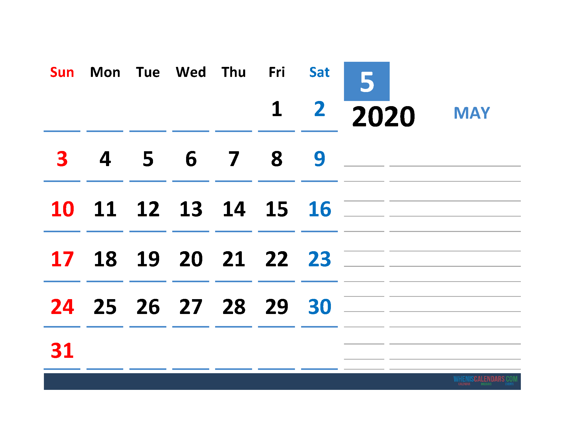 Printable Calendar Template May 2020 Calendar with space for notes