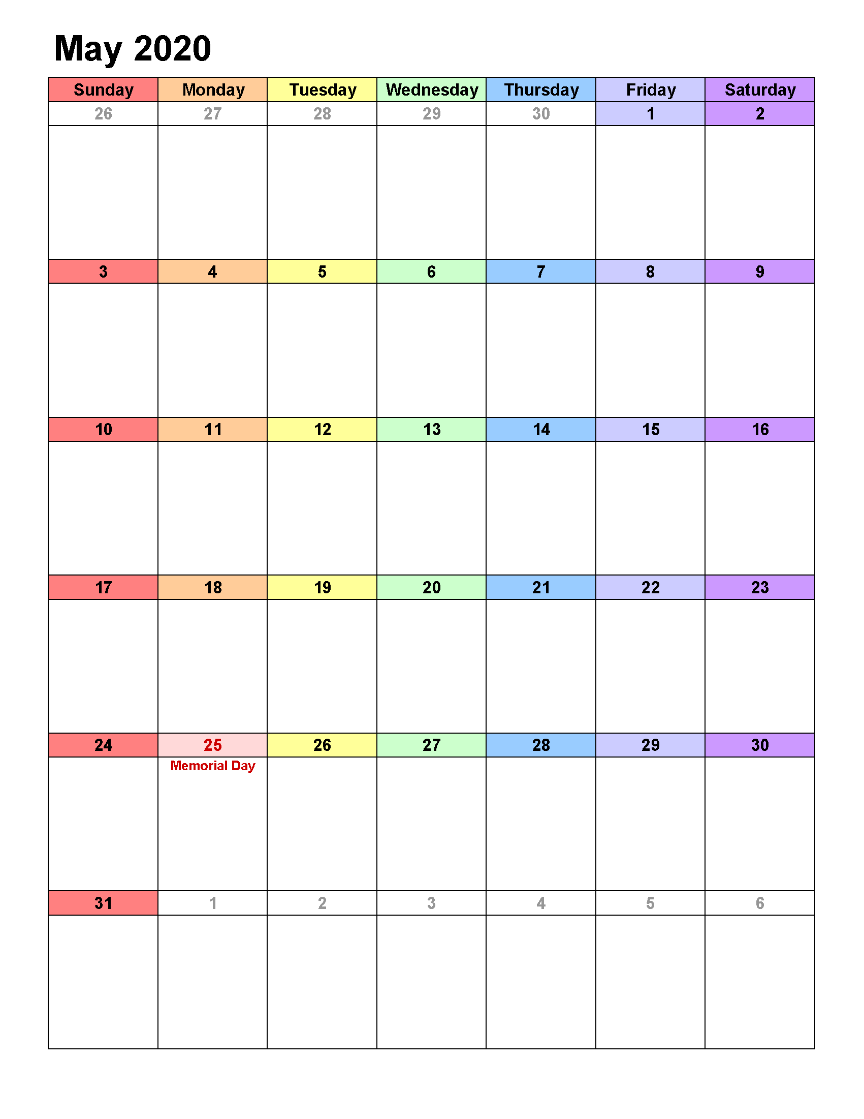 Printable Calendar Template May 2020 Calendar portrait
