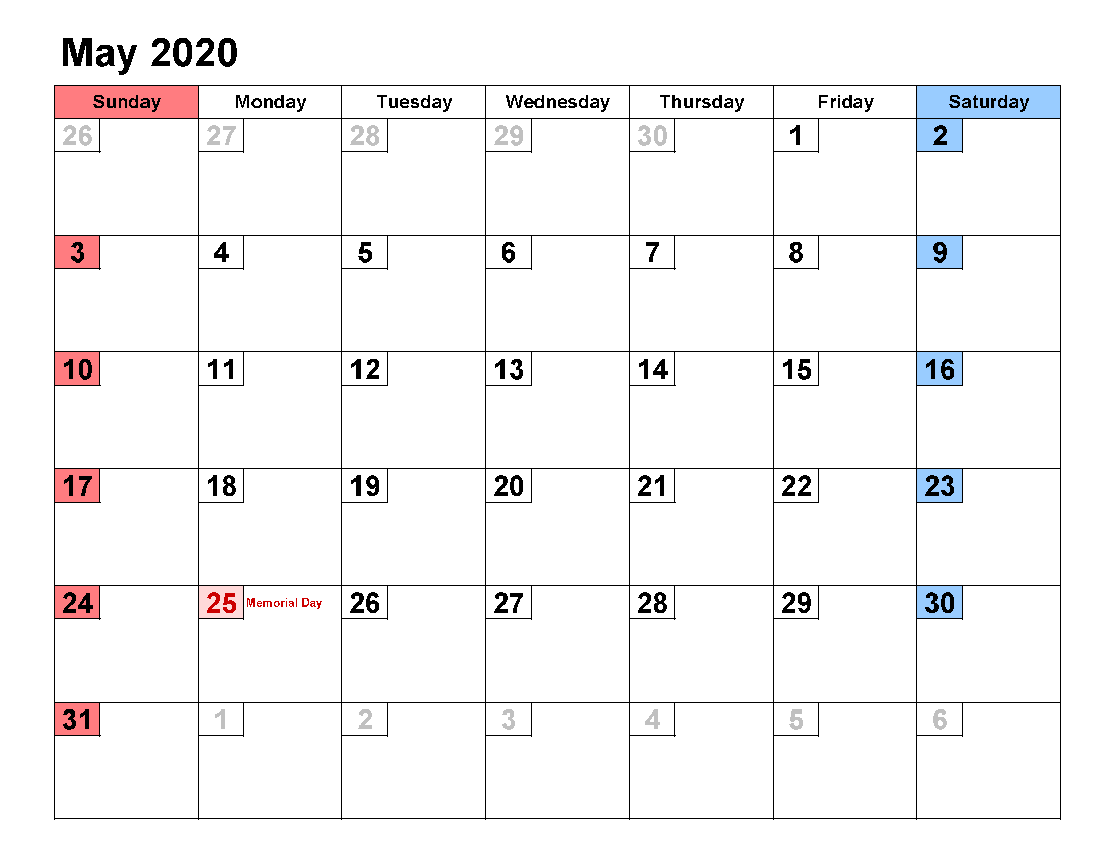 Printable Calendar Template May 2020 Calendar small numerals