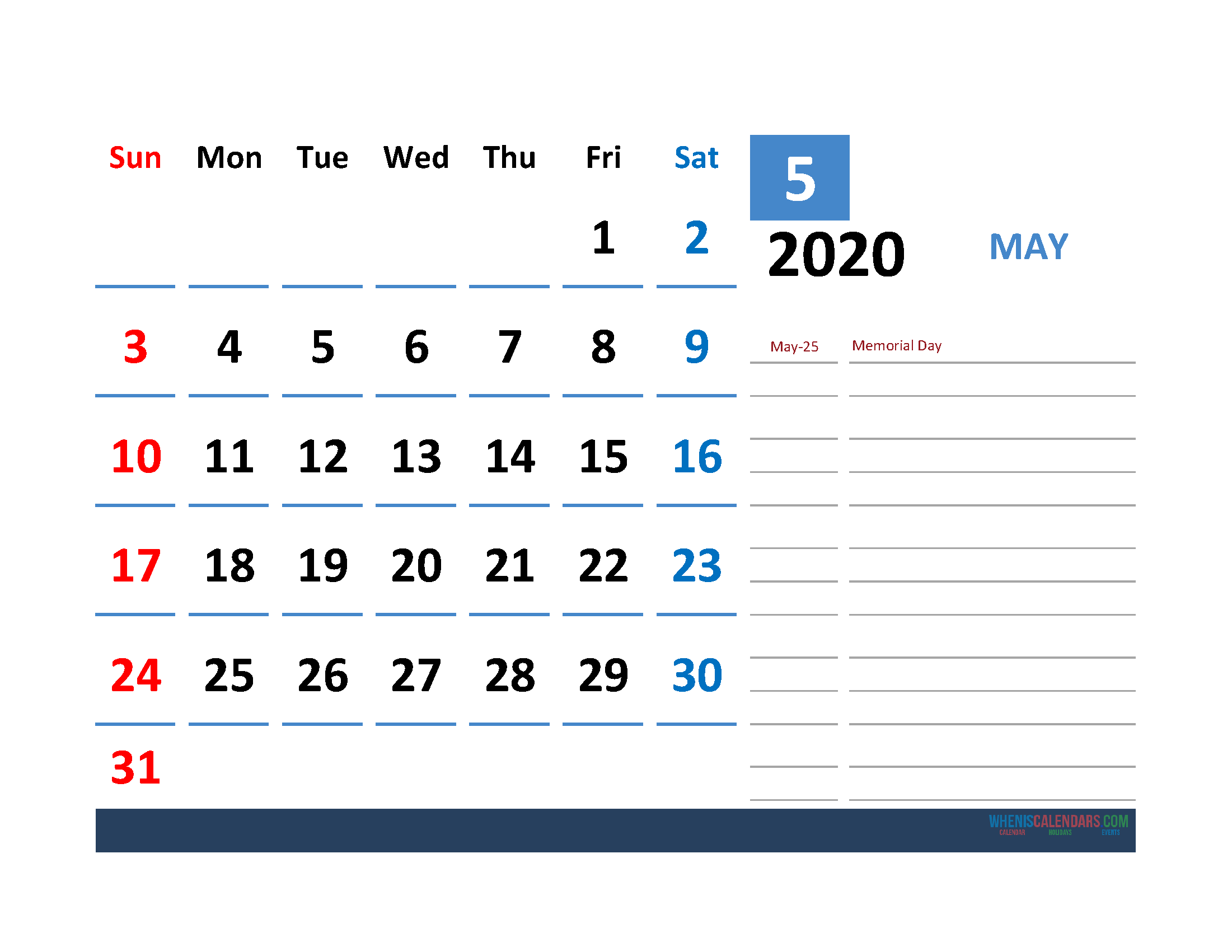 Printable Calendar Template May 2020 Calendar with Holidays