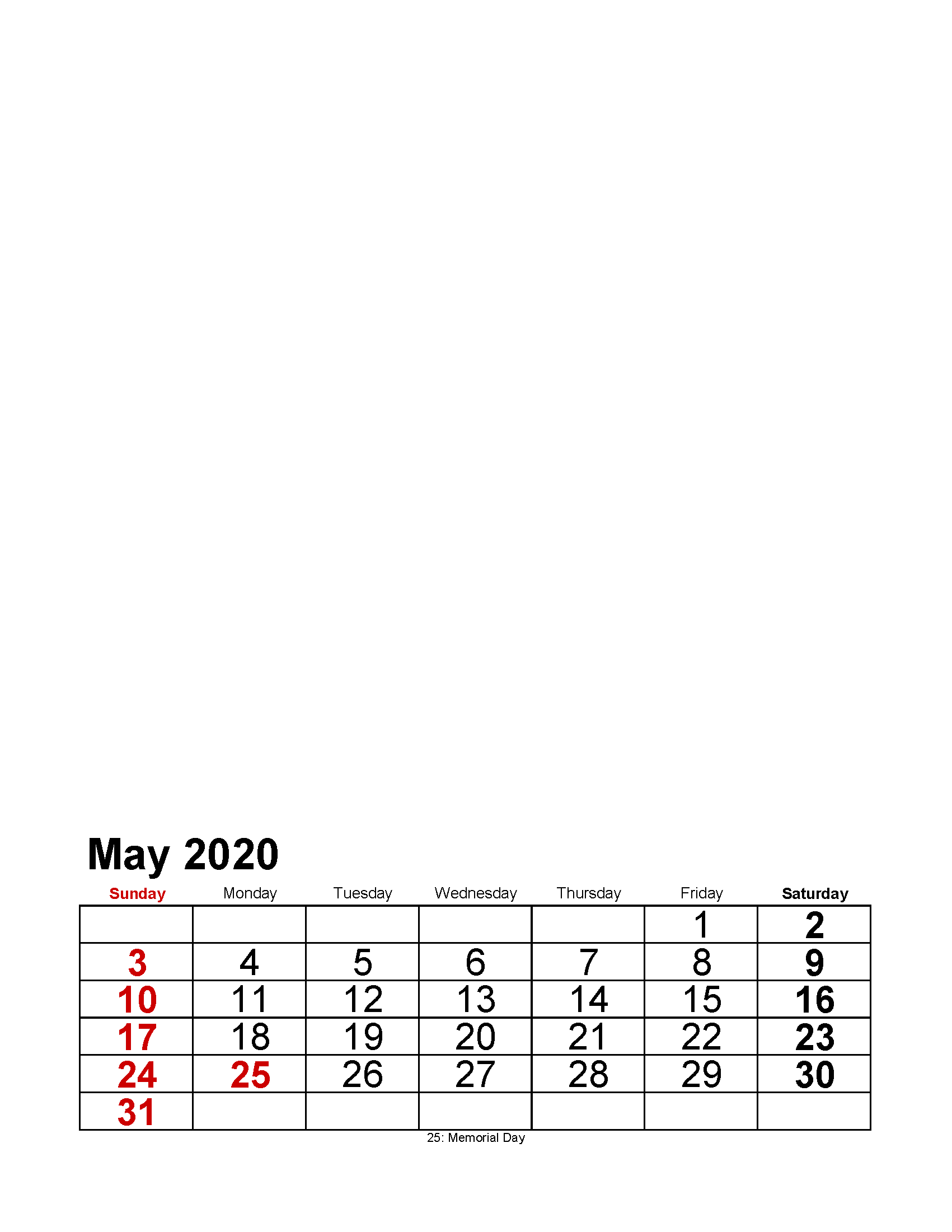 Printable May 2020 Photo Calendar with Holidays Large Numerals