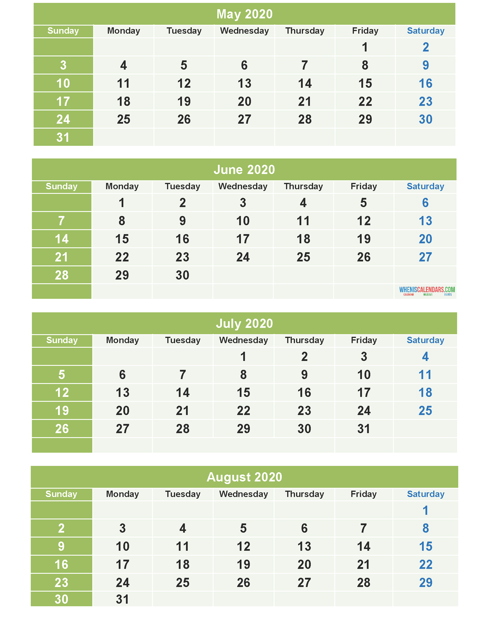 May June July August 2020 Calendar with Holidays for Free