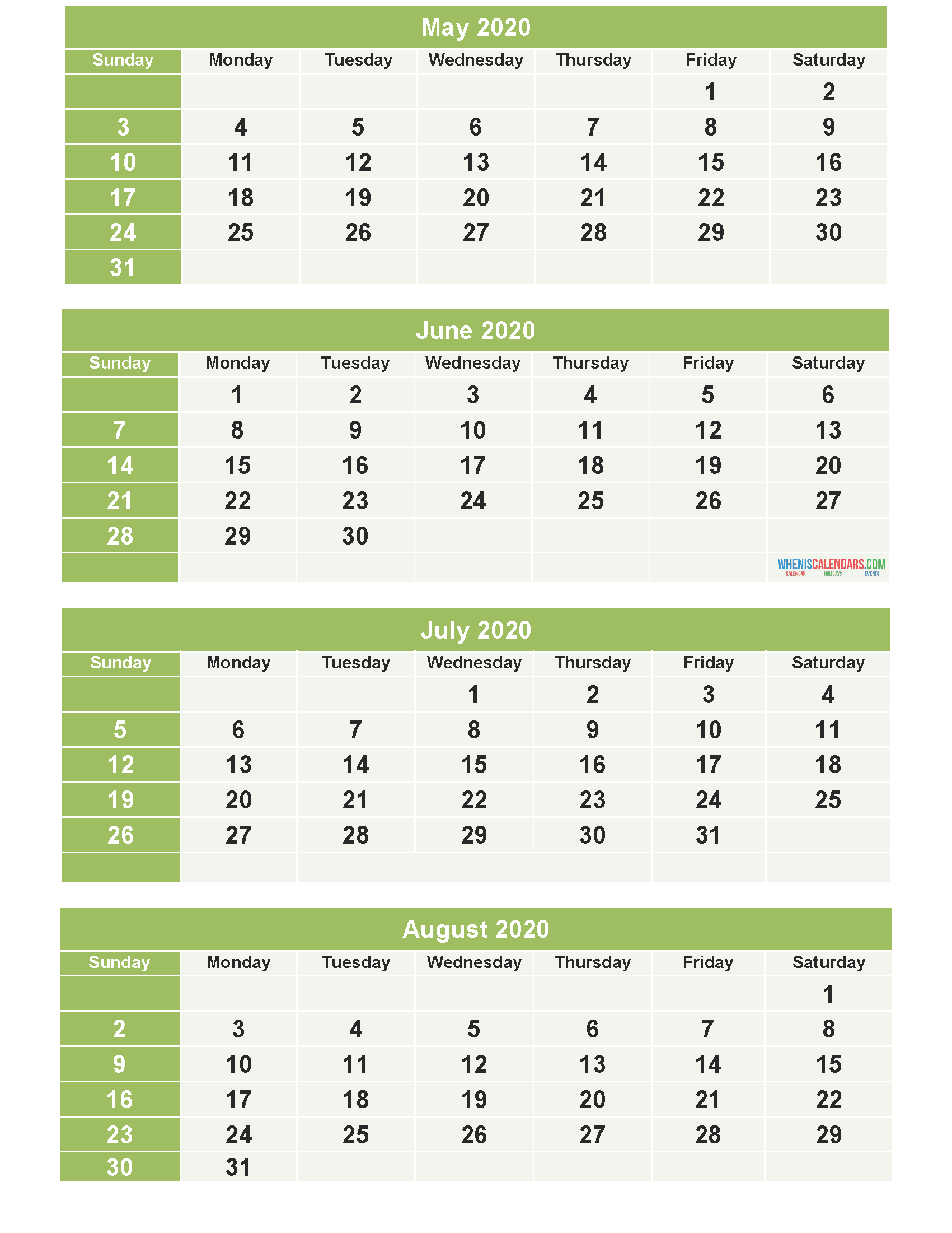 May June July August 2020 Calendar with Holidays Printable Calendar