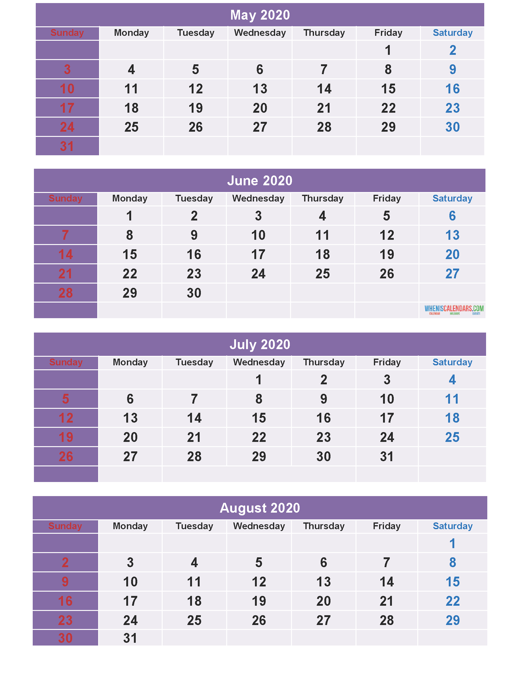 Calendar 2020 May June July August as Word, PDF, Image
