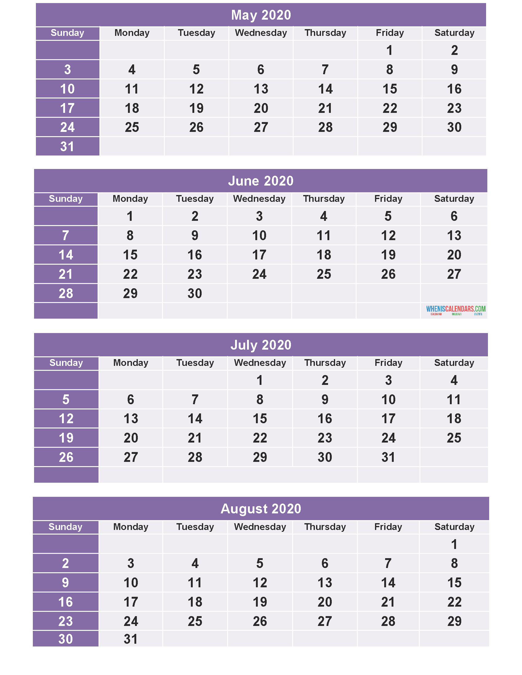May June July August 2020 Calendar Printable Free Download