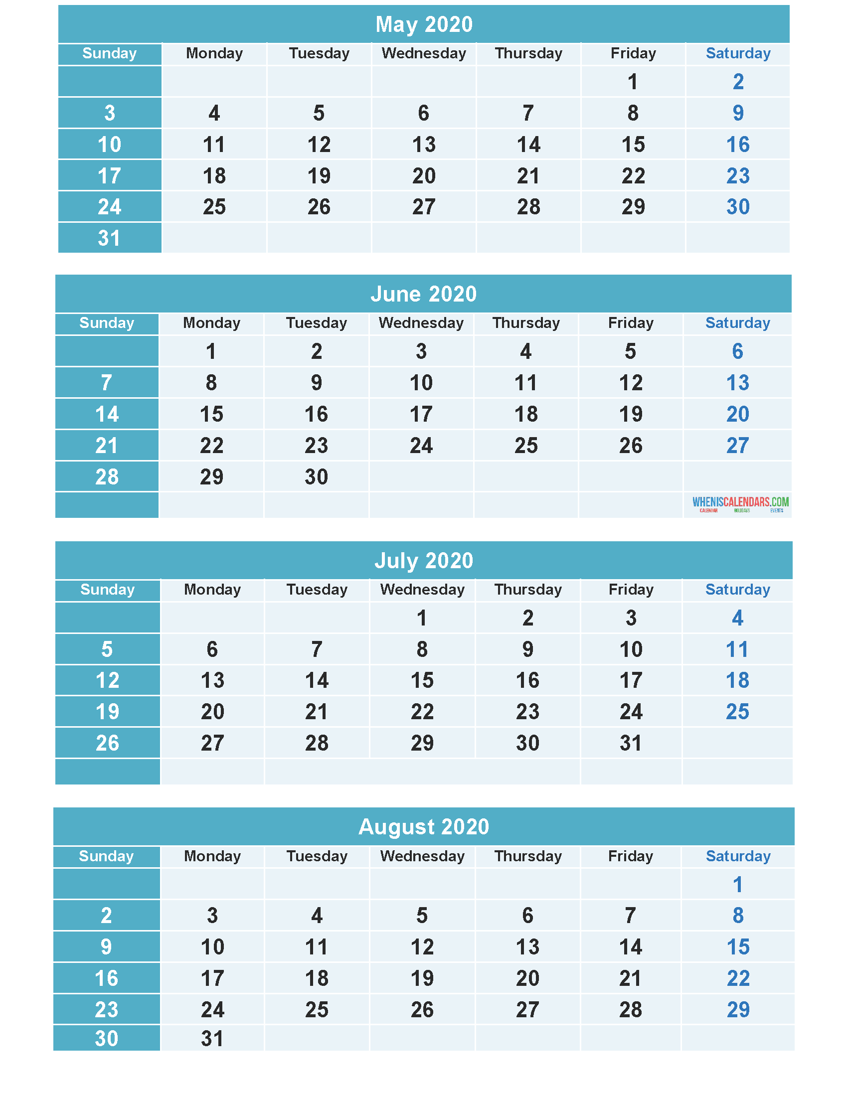 Printable Calendar 2020 May June July August Word, PDF, Image
